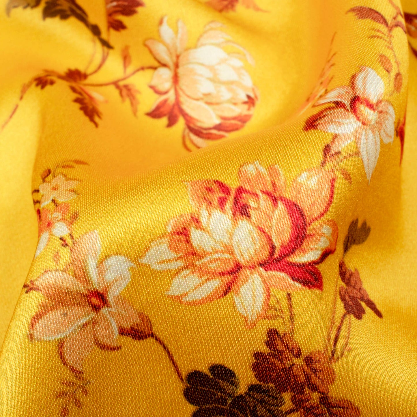 Honey Yellow And Orange Floral Pattern Digital Print Premium Lush Satin Fabric