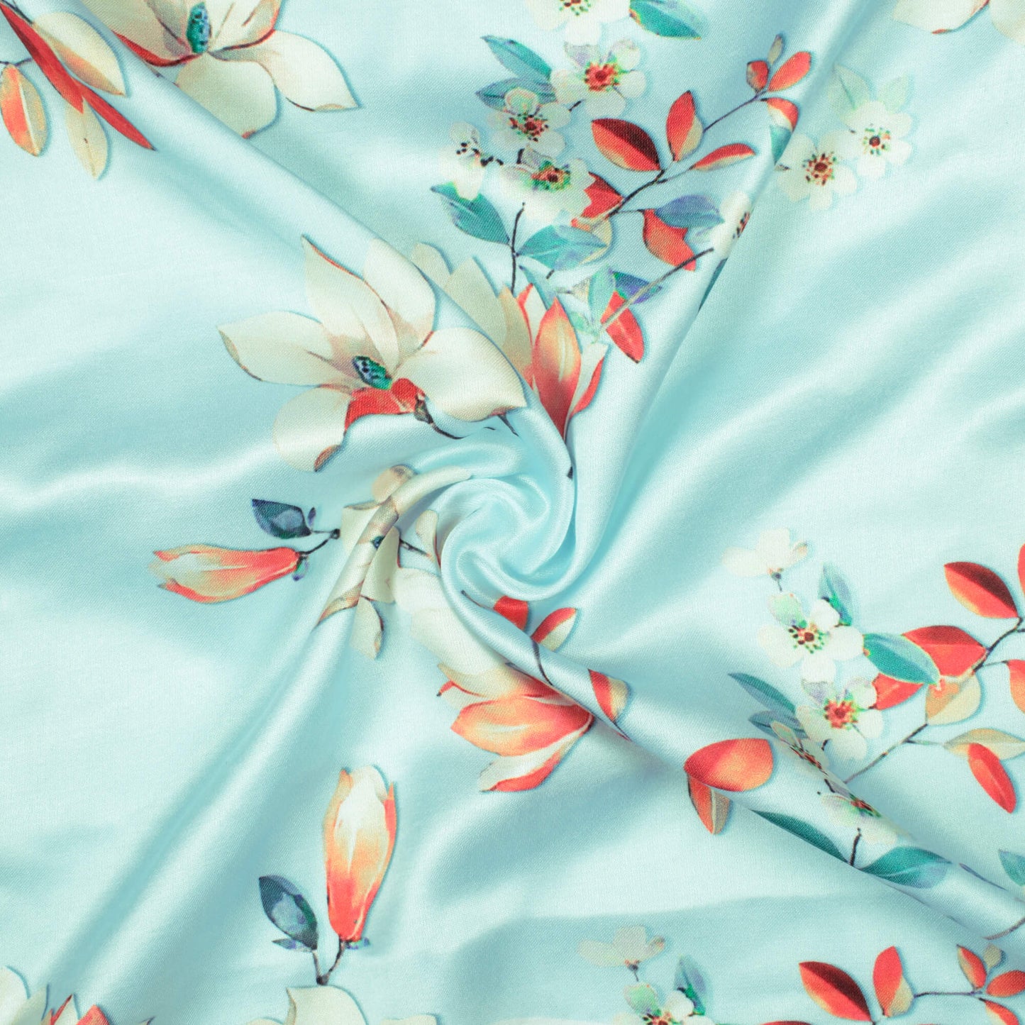 Electric Blue And Orange Floral Pattern Digital Print Premium Lush Satin Fabric