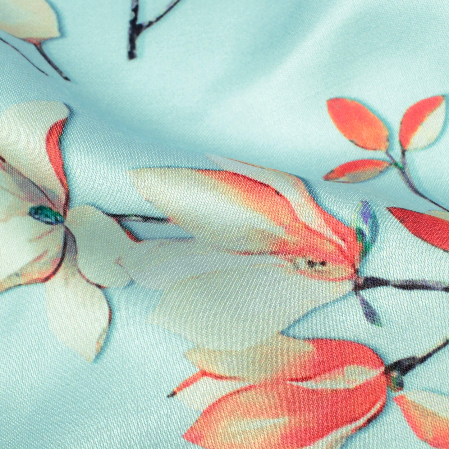 Electric Blue And Orange Floral Pattern Digital Print Premium Lush Satin Fabric