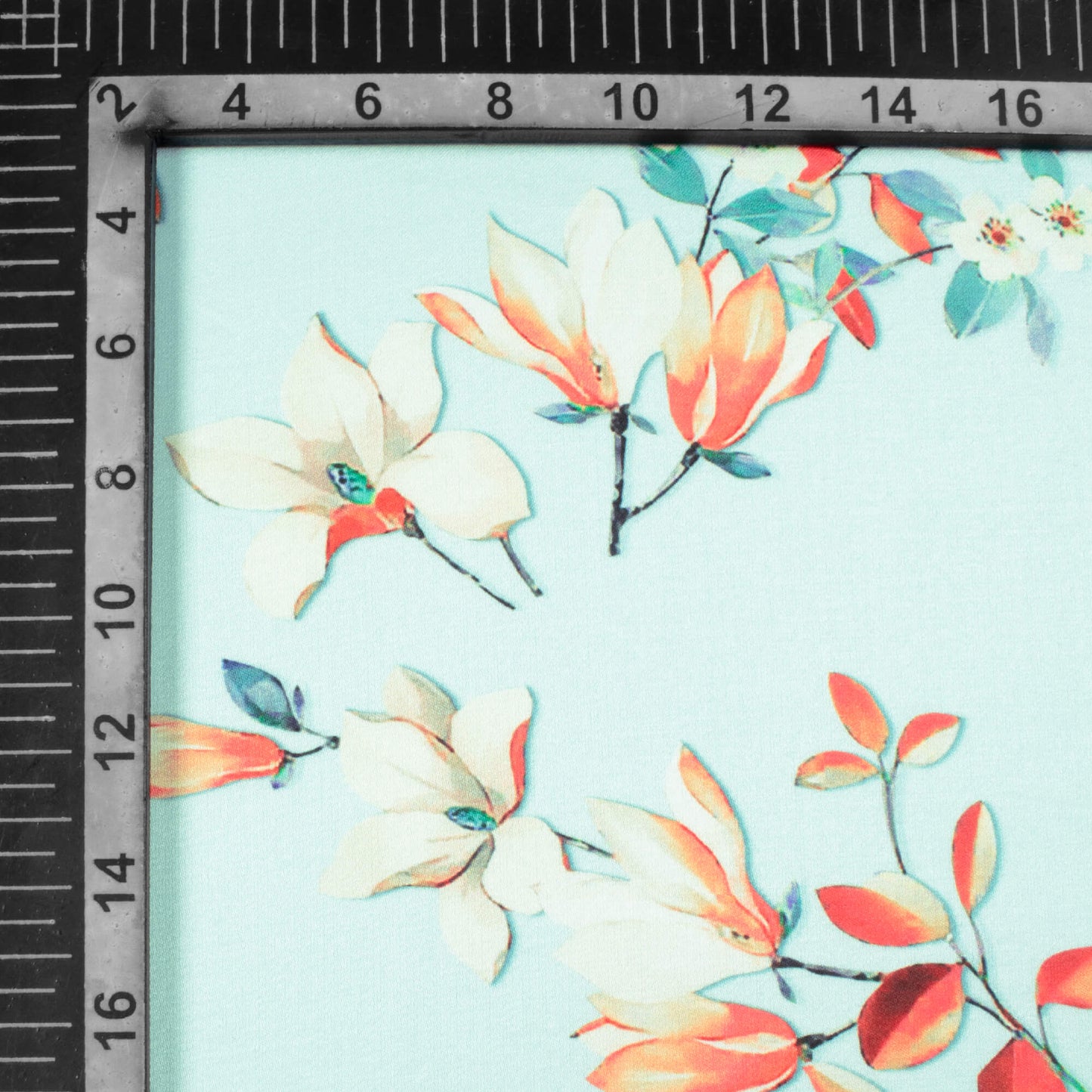 Electric Blue And Orange Floral Pattern Digital Print Premium Lush Satin Fabric