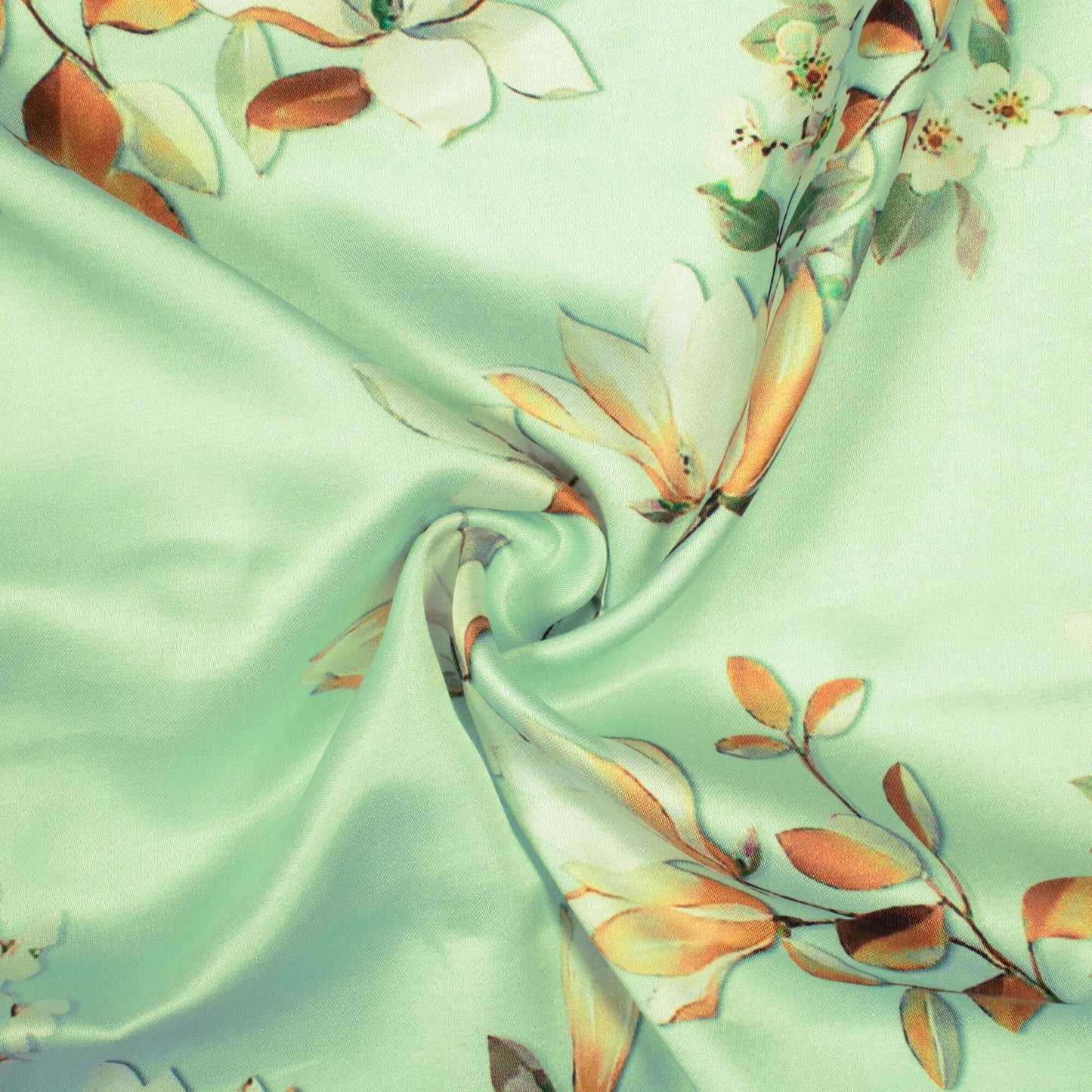 Aero Blue And Brown Floral Pattern Digital Print Premium Lush Satin Fabric