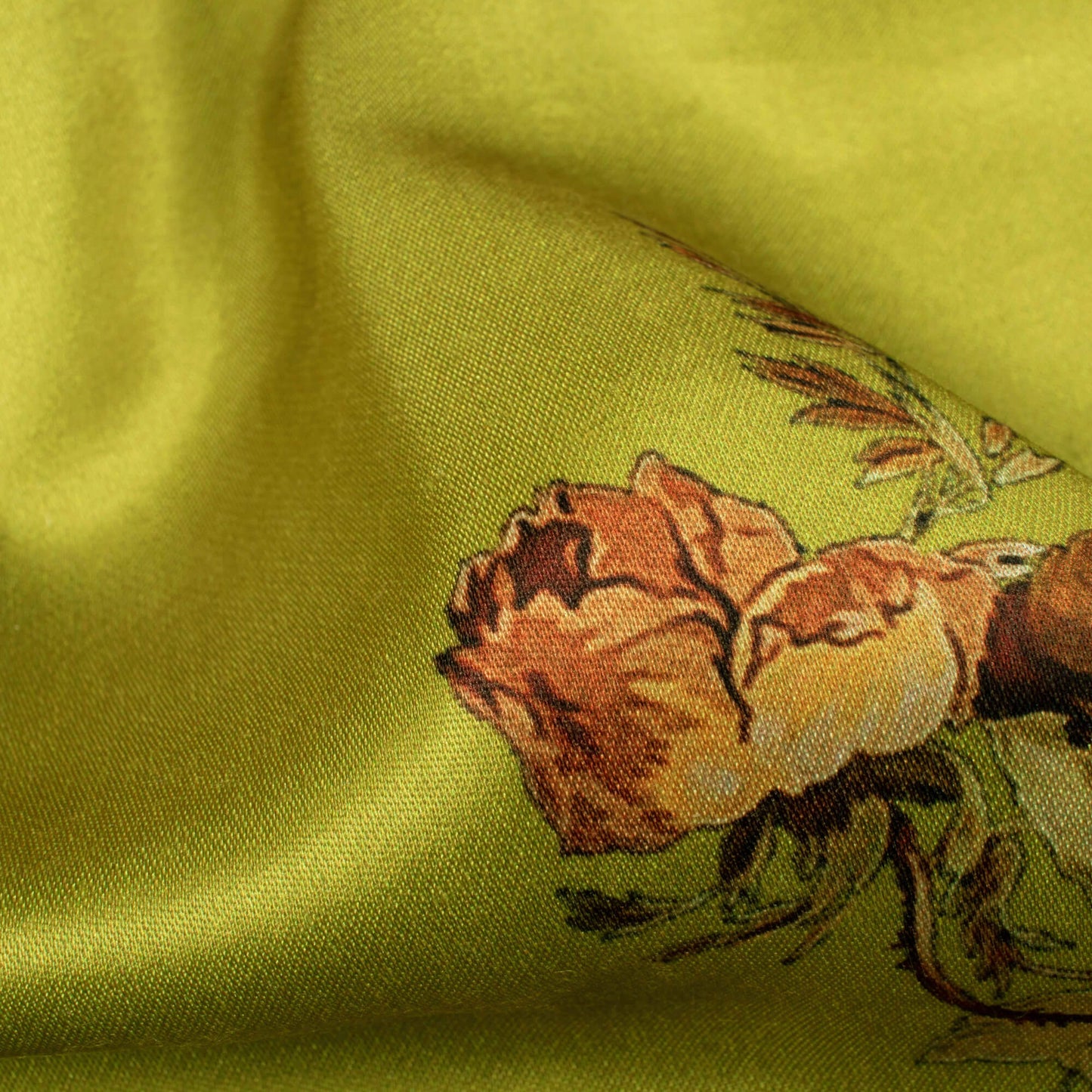 Olive Green And Brown Floral Pattern Digital Print Premium Lush Satin Fabric