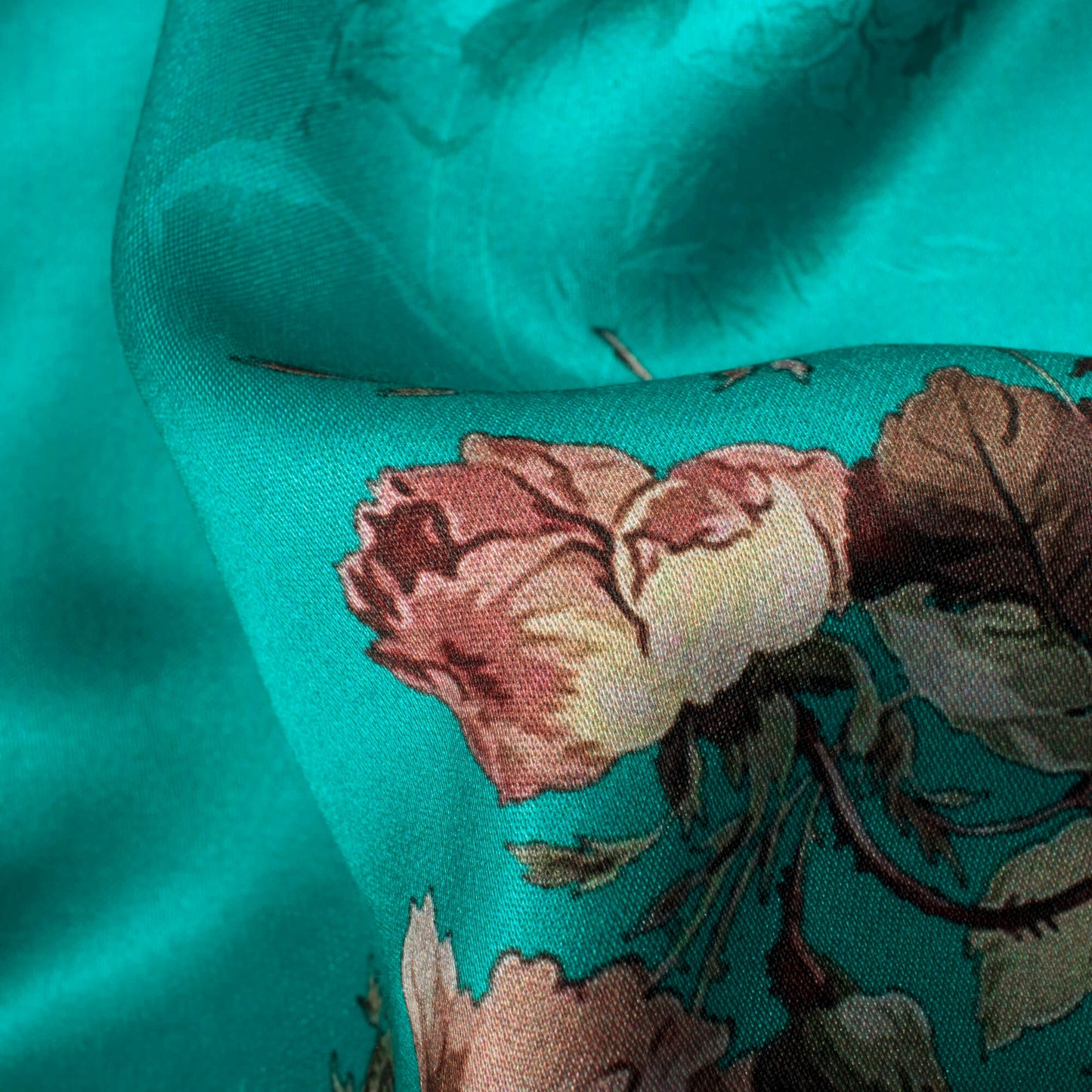 Teal Blue And Rosewood Pink Floral Pattern Digital Print Premium Lush Satin Fabric