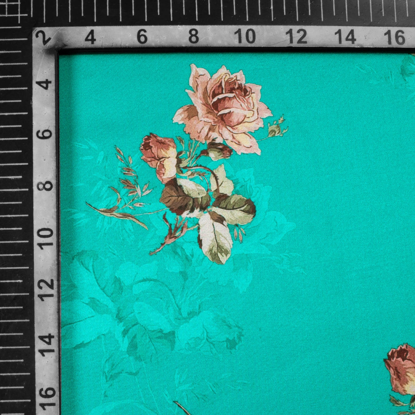Teal Blue And Rosewood Pink Floral Pattern Digital Print Premium Lush Satin Fabric