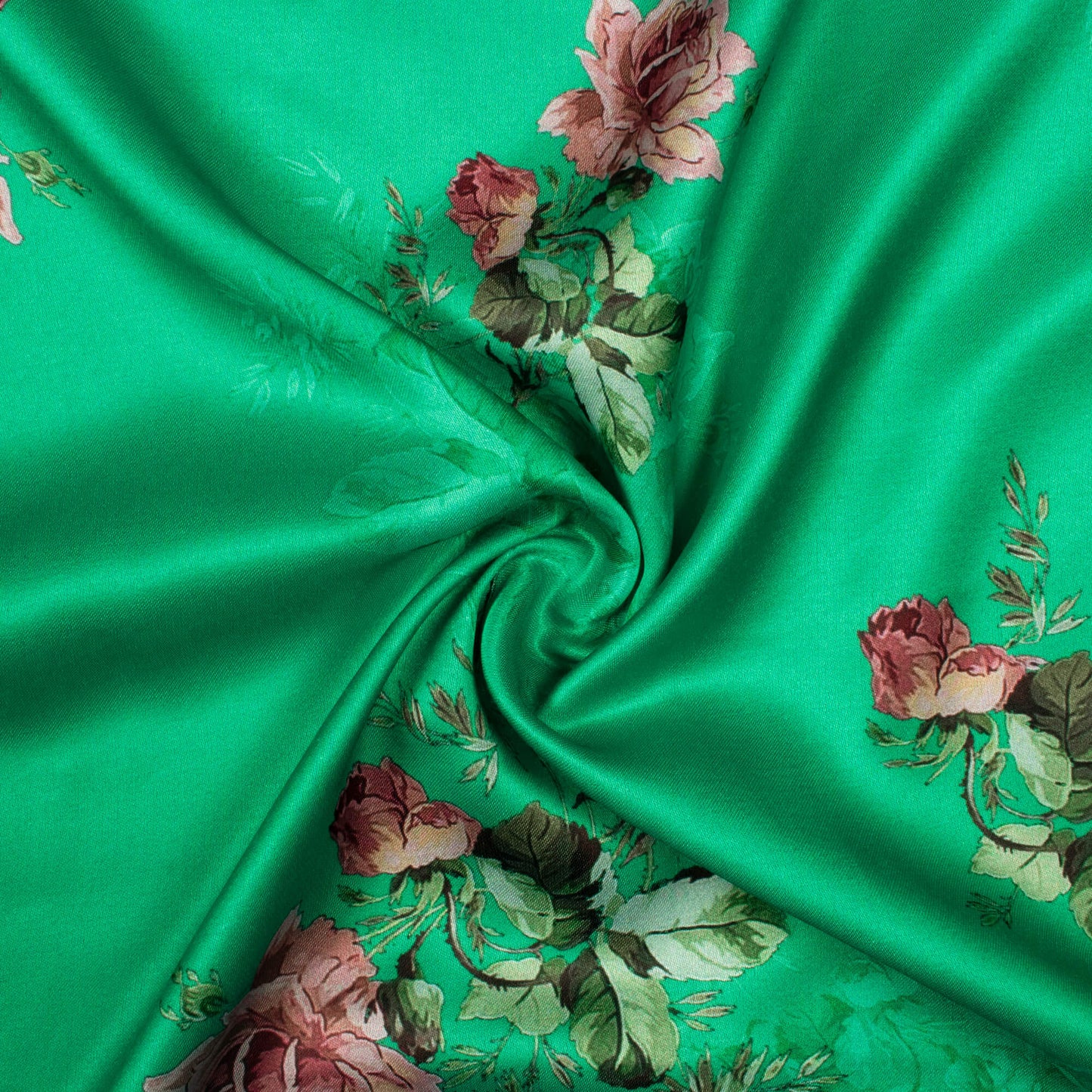 Jade Green And Rosewood Pink Floral Pattern Digital Print Premium Lush Satin Fabric