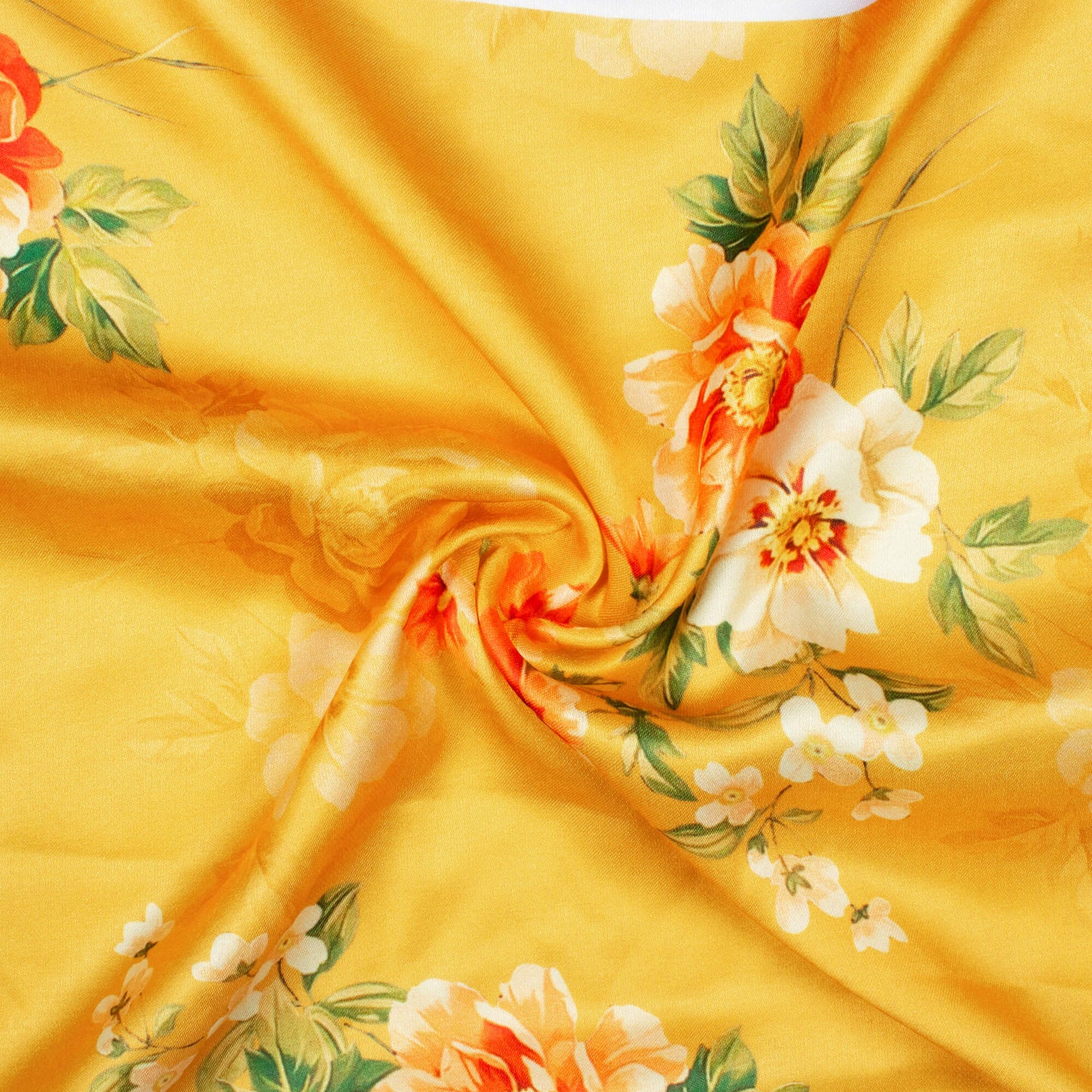 Mustard Yellow And Orange Floral Pattern Digital Print Premium Lush Satin Fabric