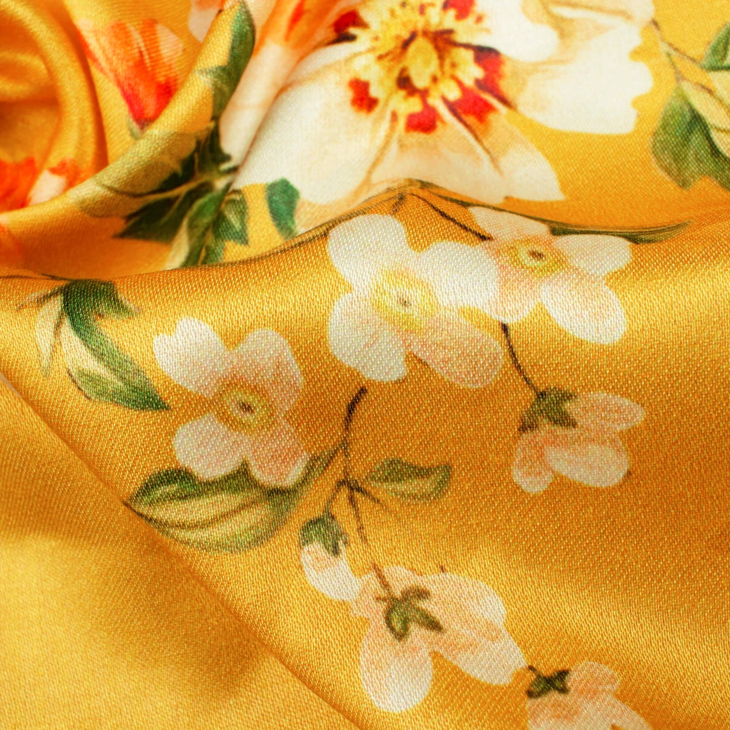 Mustard Yellow And Orange Floral Pattern Digital Print Premium Lush Satin Fabric