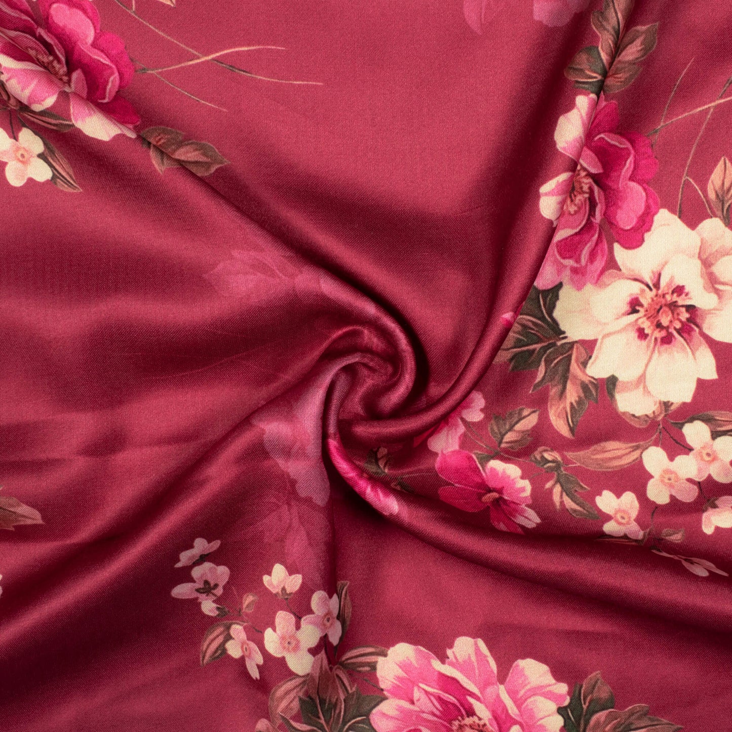 Maroon And Pink Floral Pattern Digital Print Premium Lush Satin Fabric