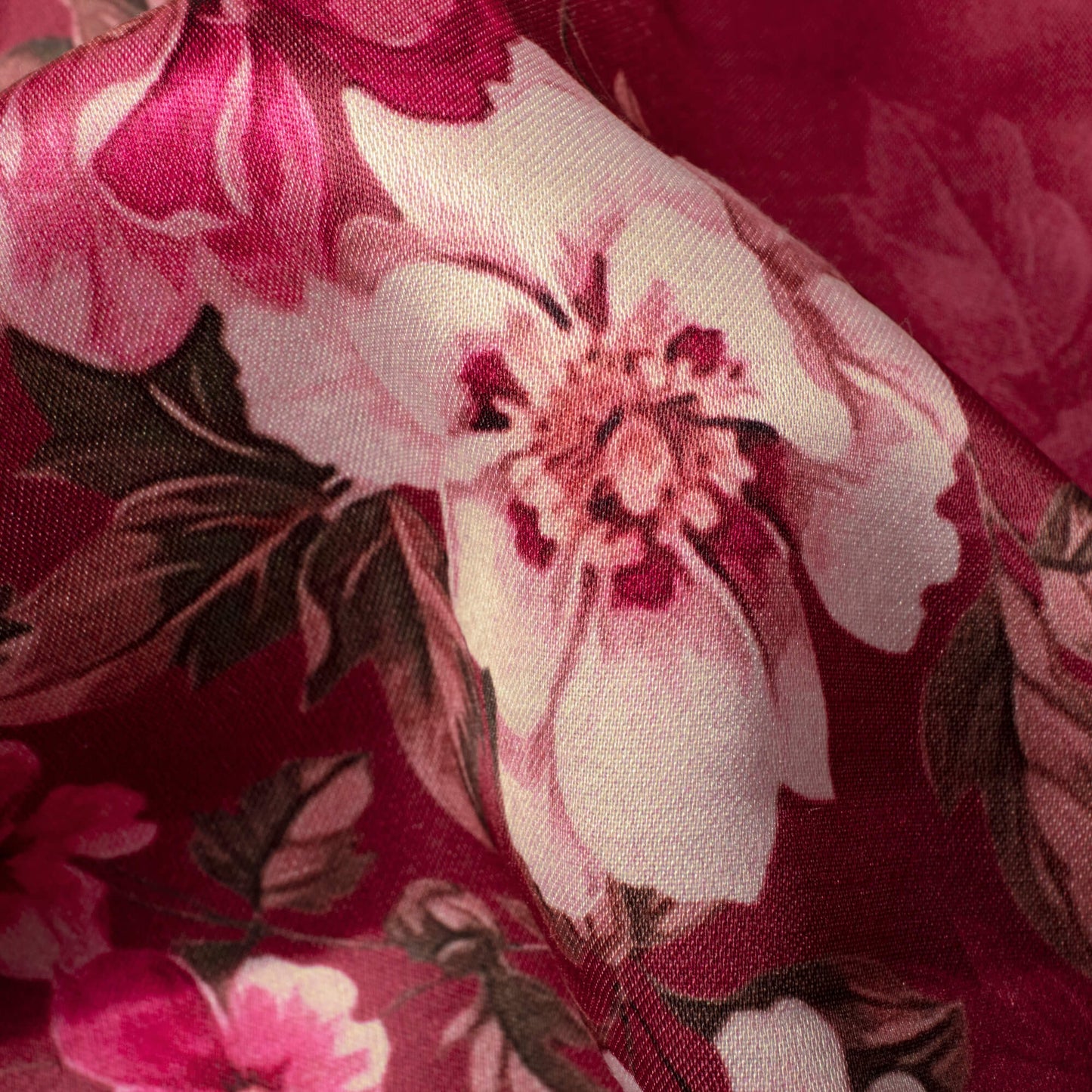 Maroon And Pink Floral Pattern Digital Print Premium Lush Satin Fabric