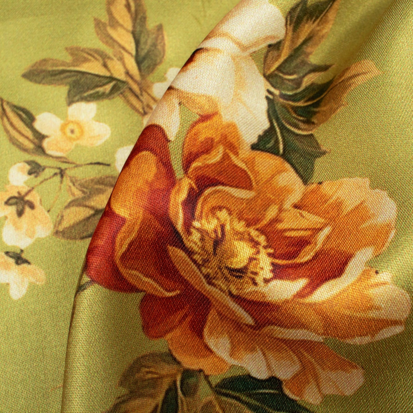 Moss Green And Spice Orange Floral Pattern Digital Print Premium Lush Satin Fabric