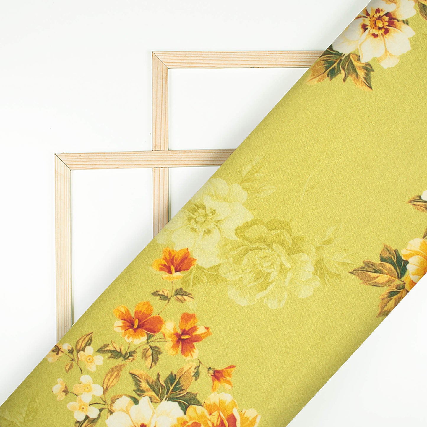 Moss Green And Spice Orange Floral Pattern Digital Print Premium Lush Satin Fabric