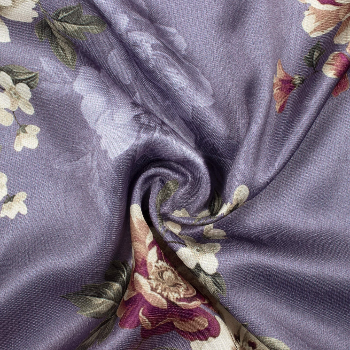 Slate Grey And Cream Floral Pattern Digital Print Premium Lush Satin Fabric