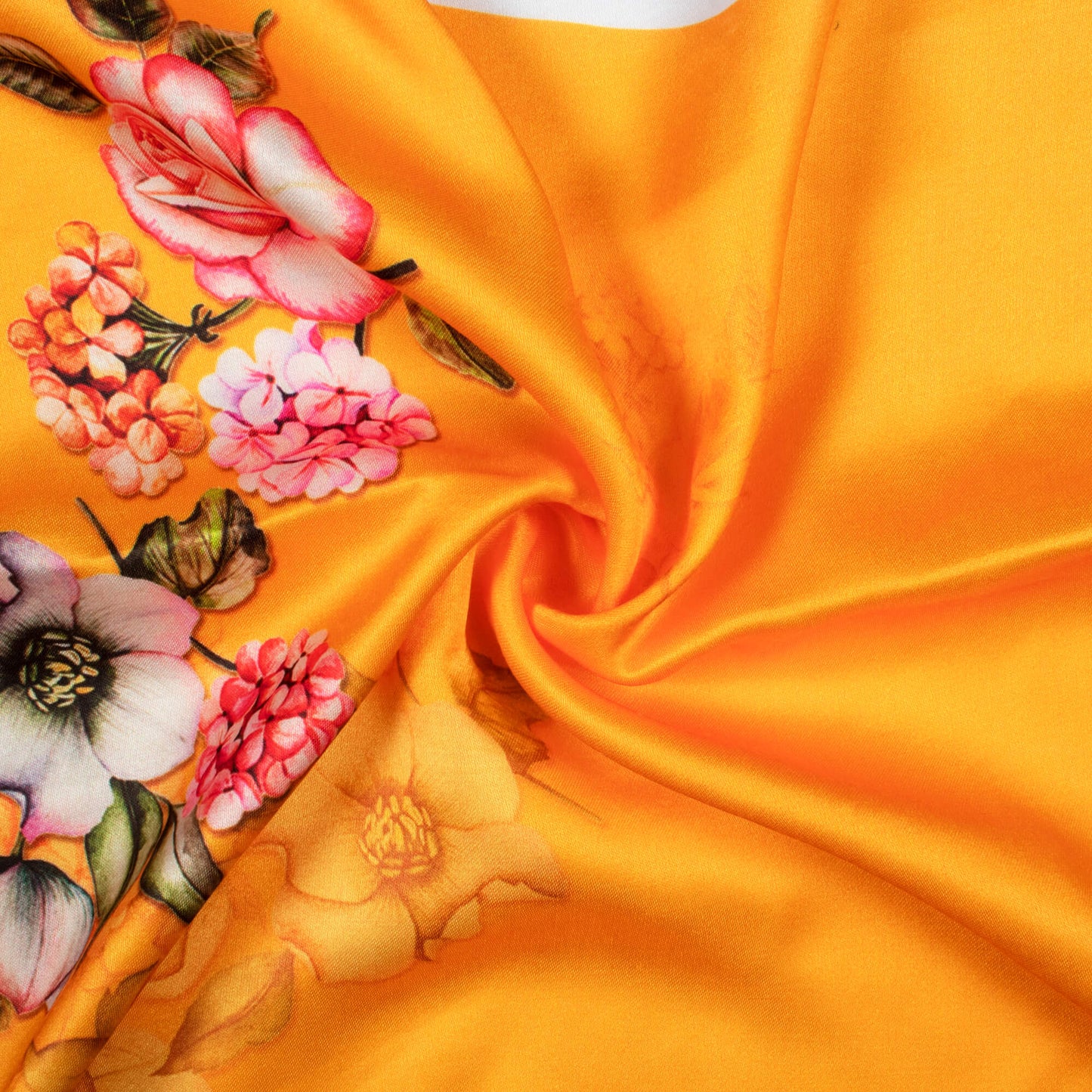 Honey Yellow And Pink Floral Pattern Digital Print Premium Lush Satin Fabric