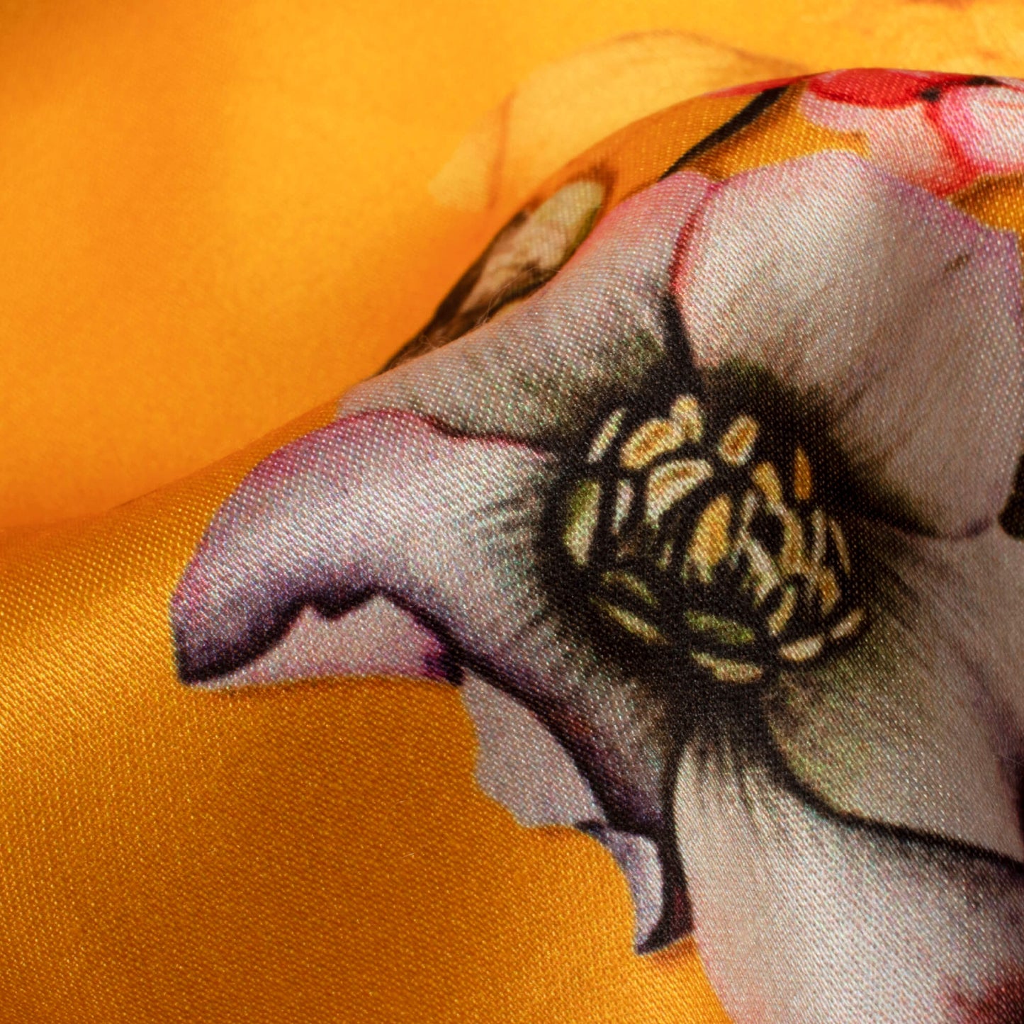 Honey Yellow And Pink Floral Pattern Digital Print Premium Lush Satin Fabric