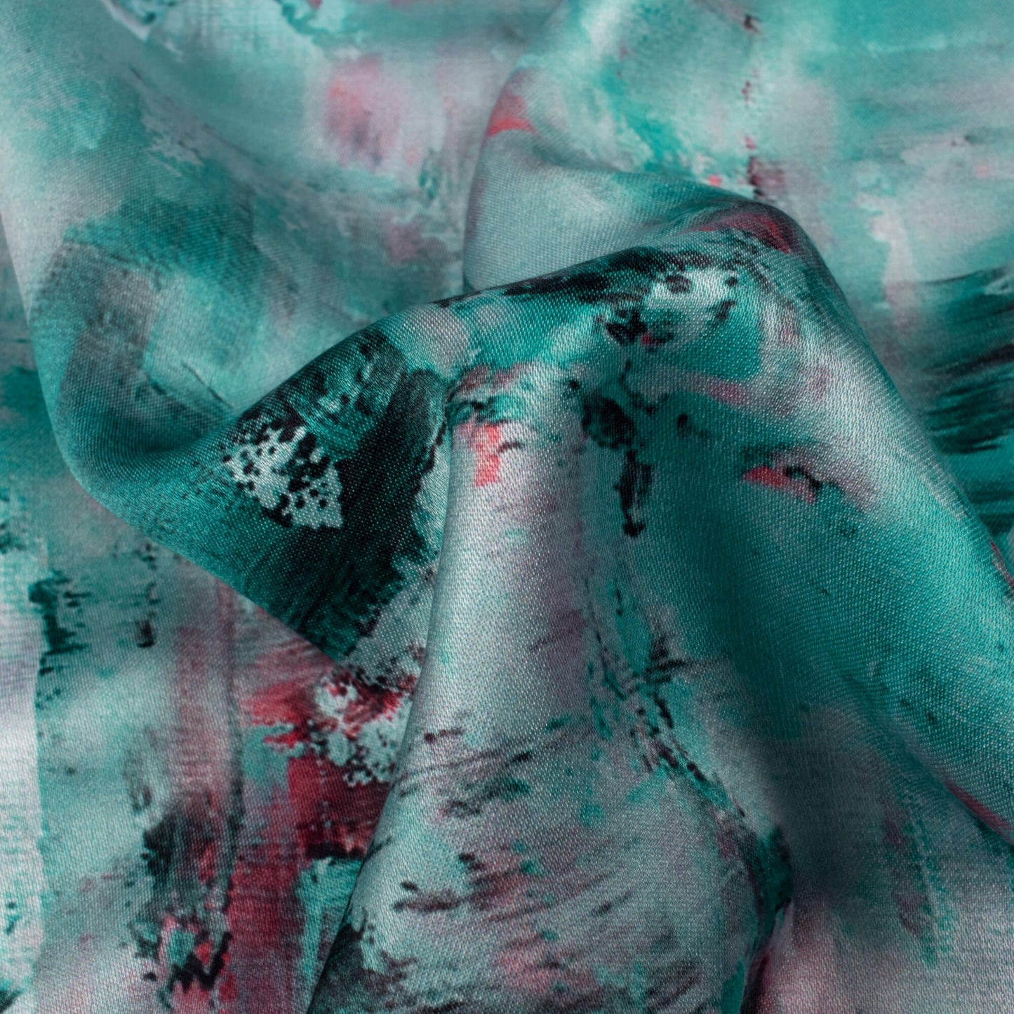 Turquoise And Red Abstract Pattern Digital Print Premium Lush Satin Fabric