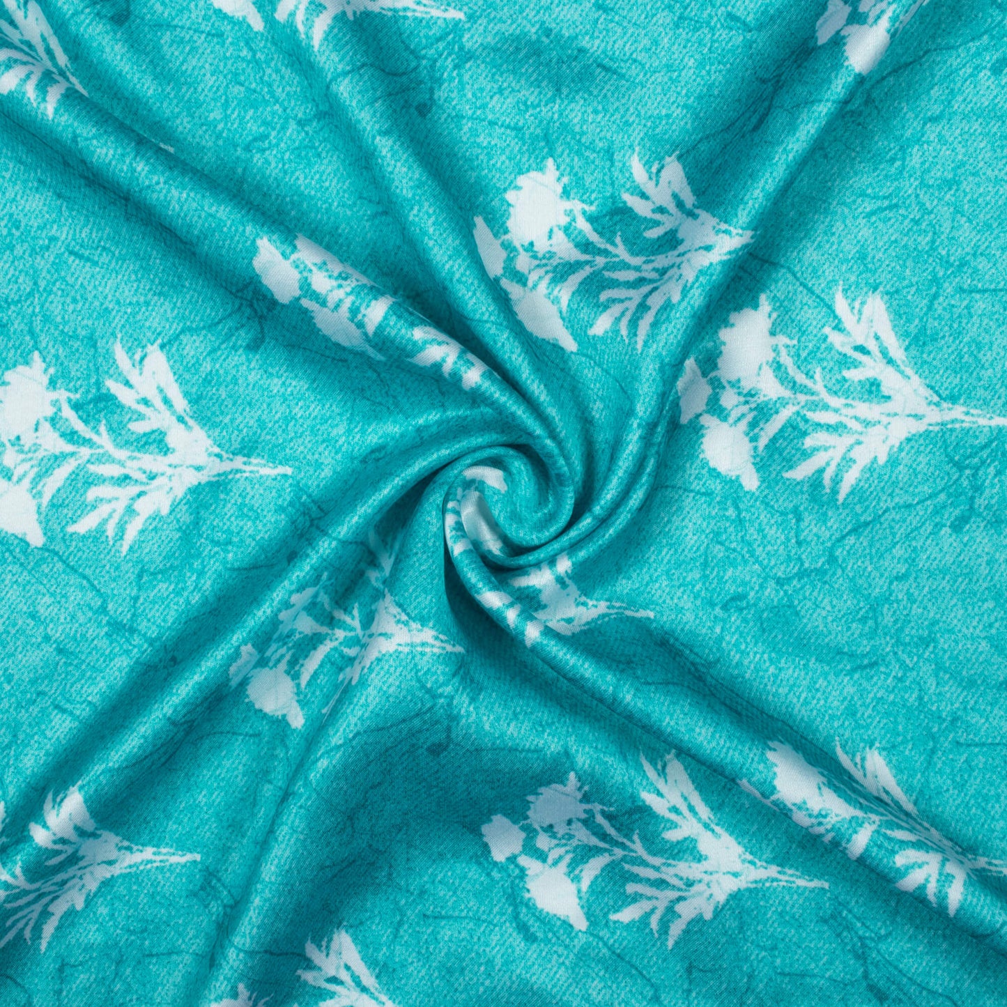 Turqoise And White Floral Pattern Digital Print Premium Lush Satin Fabric