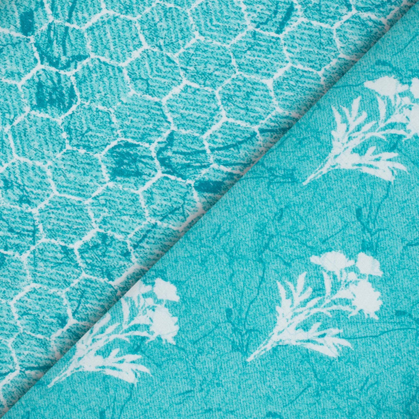 Turqoise And White Floral Pattern Digital Print Premium Lush Satin Fabric