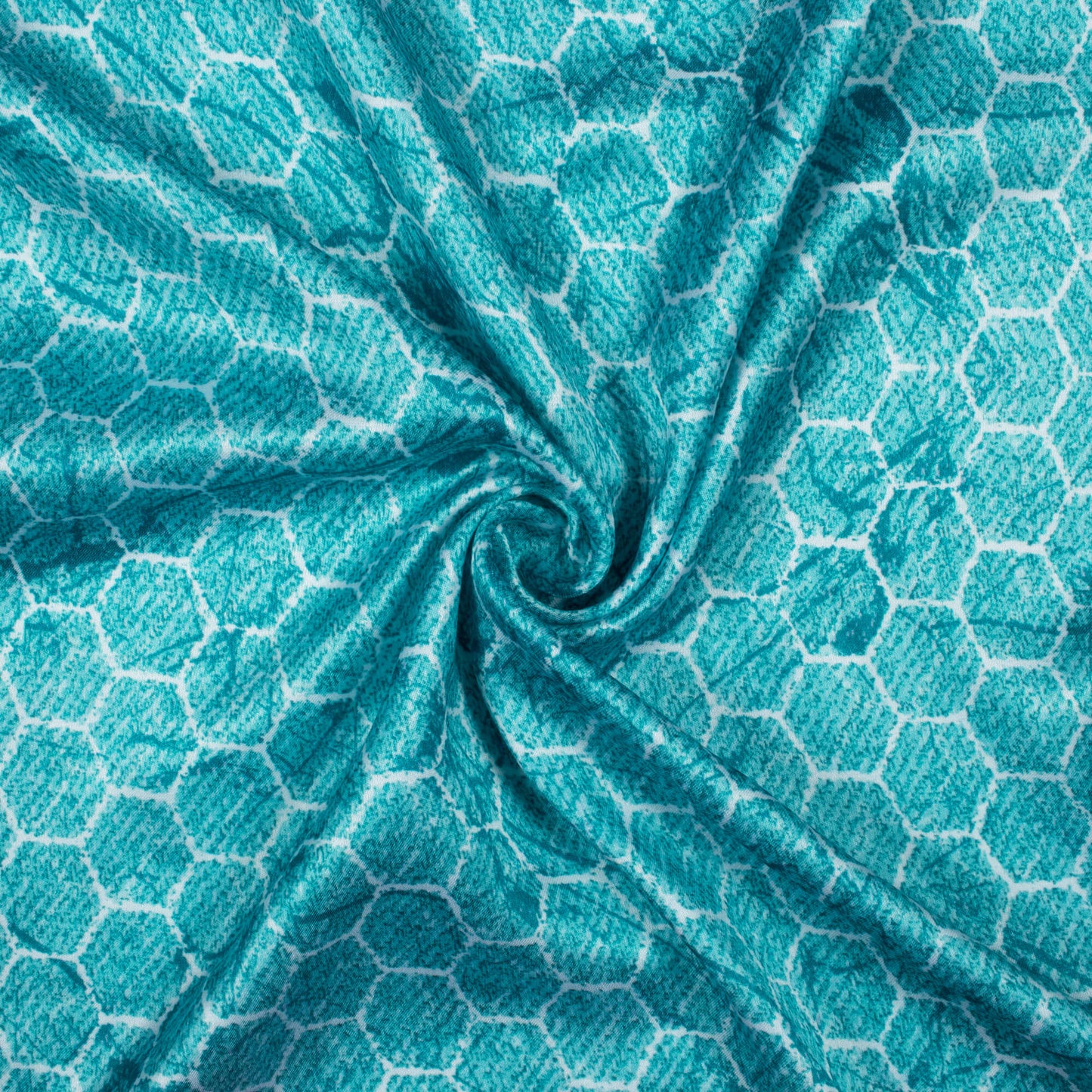 Turqoise And White Geometric Pattern Digital Print Premium Lush Satin Fabric