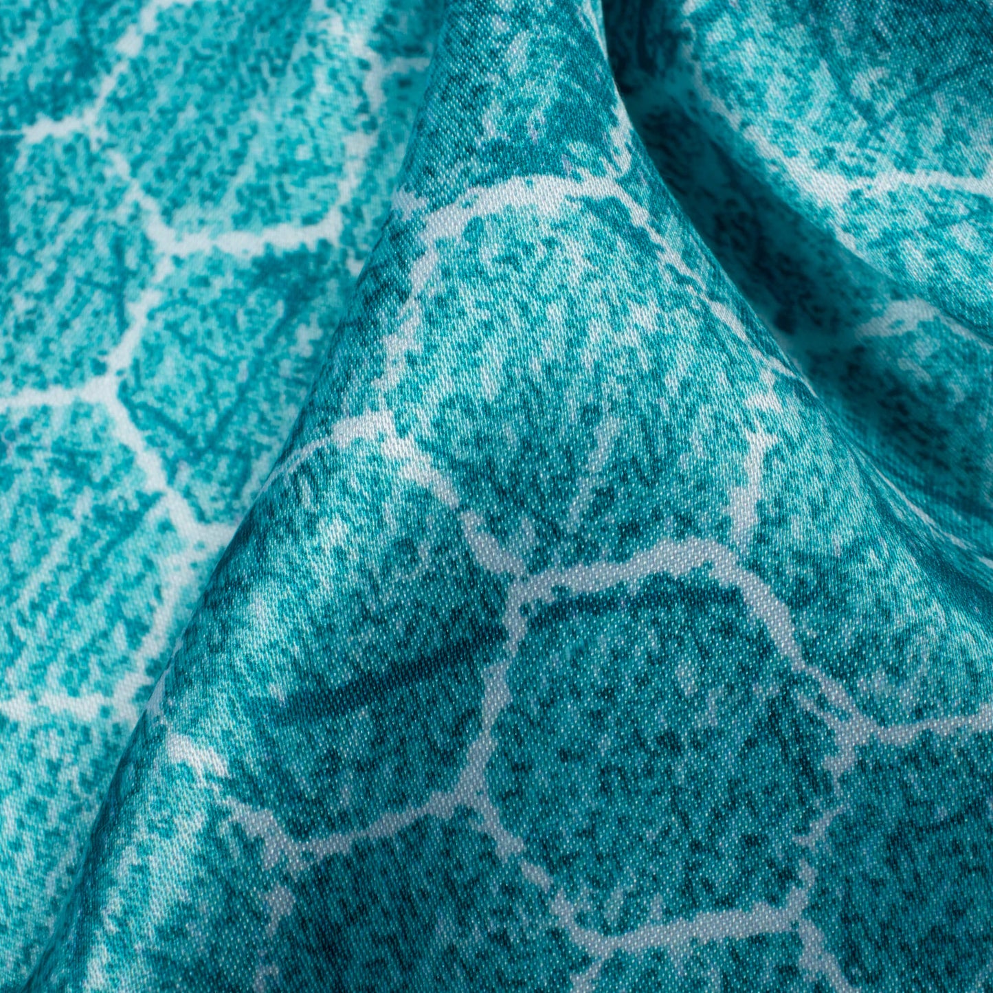 Turqoise And White Geometric Pattern Digital Print Premium Lush Satin Fabric
