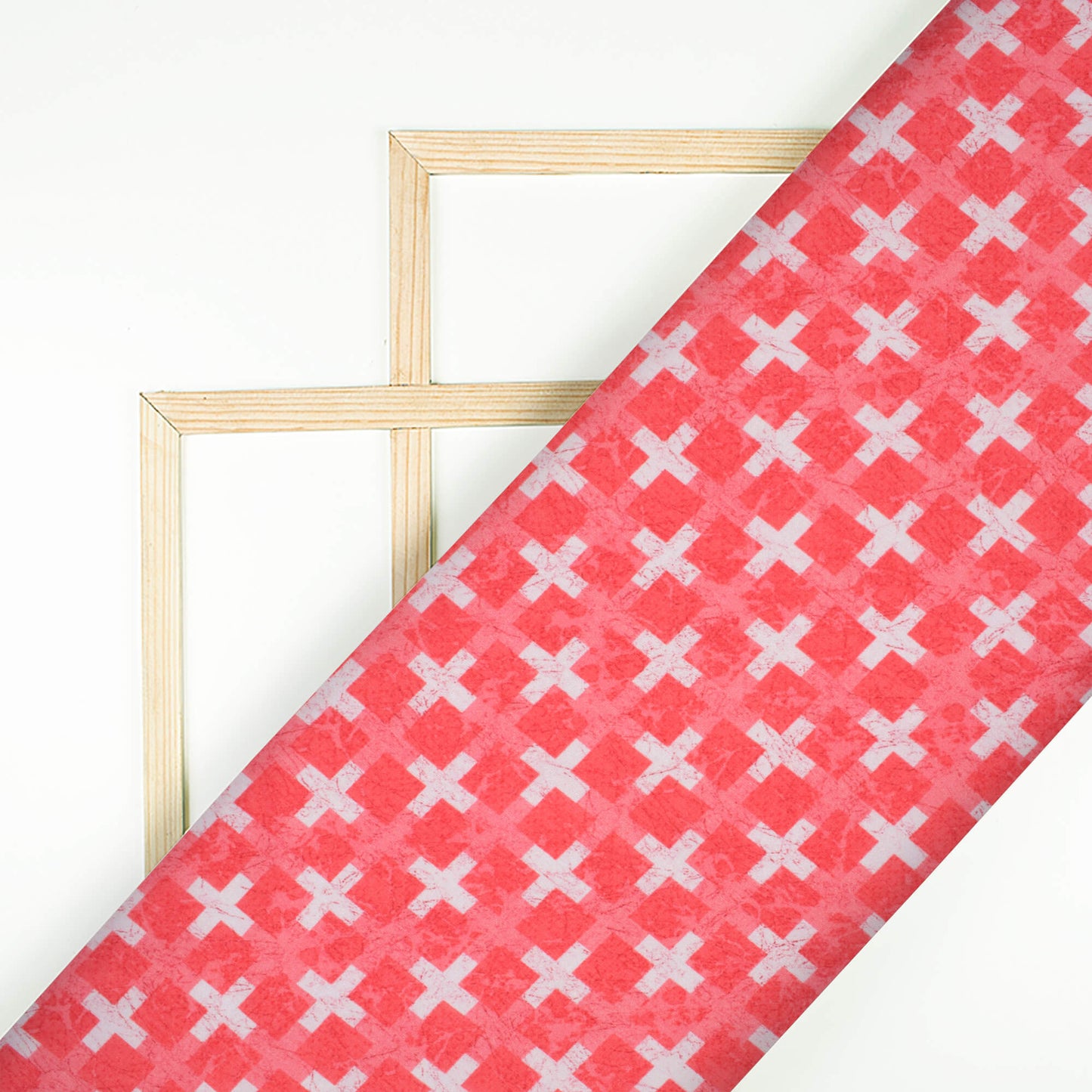 Punch Pink And White Geometric Pattern Digital Print Premium Lush Satin Fabric