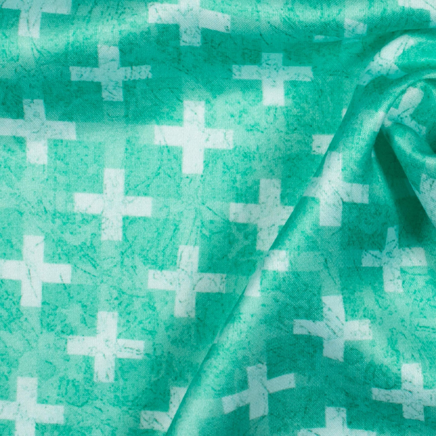 Fountain Blue And White Geometric Pattern Digital Print Premium Lush Satin Fabric