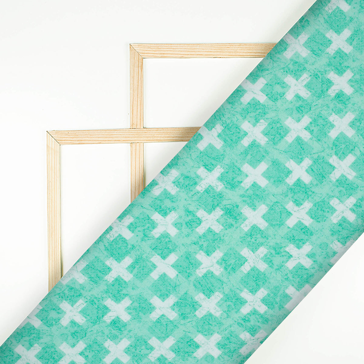 Fountain Blue And White Geometric Pattern Digital Print Premium Lush Satin Fabric