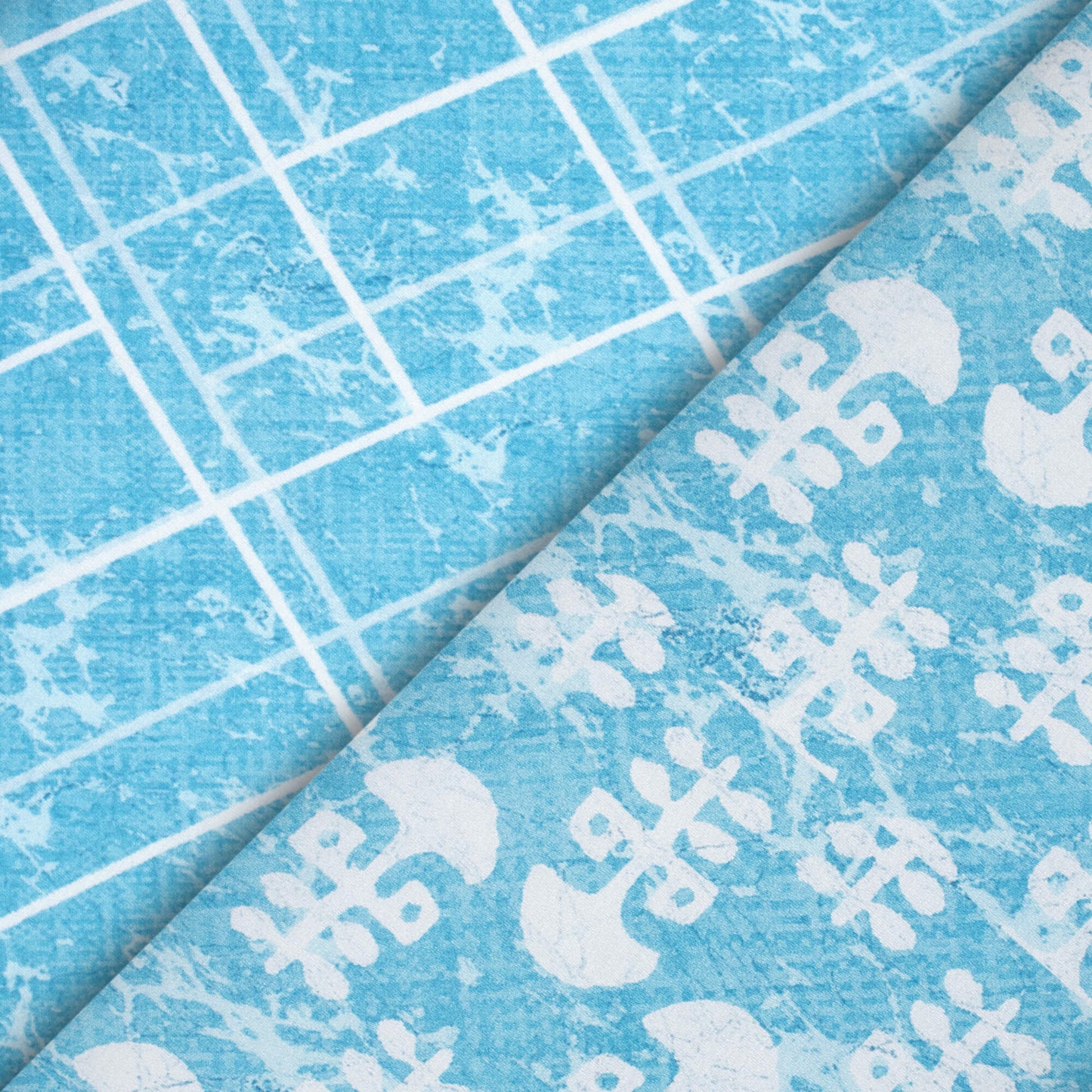 Sky Blue And White Geometric Pattern Digital Print Premium Lush Satin Fabric