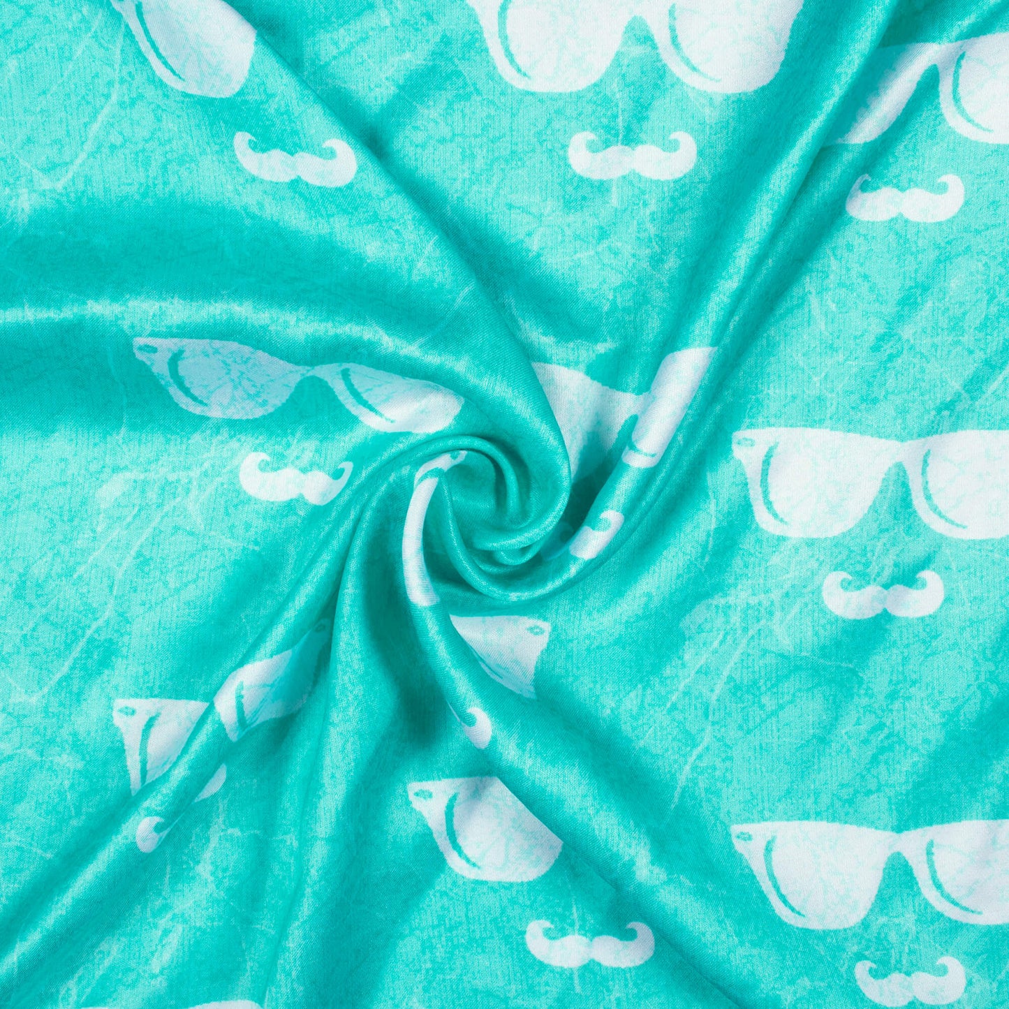 Turquoise And White Quirky Pattern Digital Print Premium Lush Satin Fabric