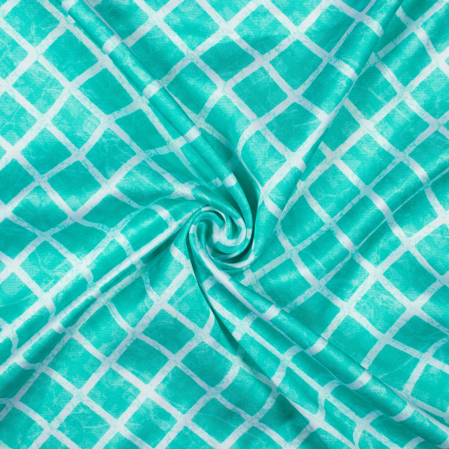 Turquoise And White Geometric Pattern Digital Print Premium Lush Satin Fabric