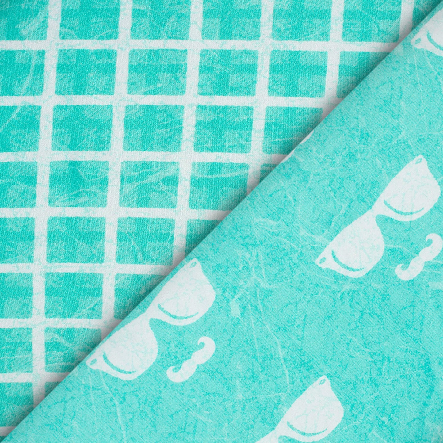Turquoise And White Geometric Pattern Digital Print Premium Lush Satin Fabric
