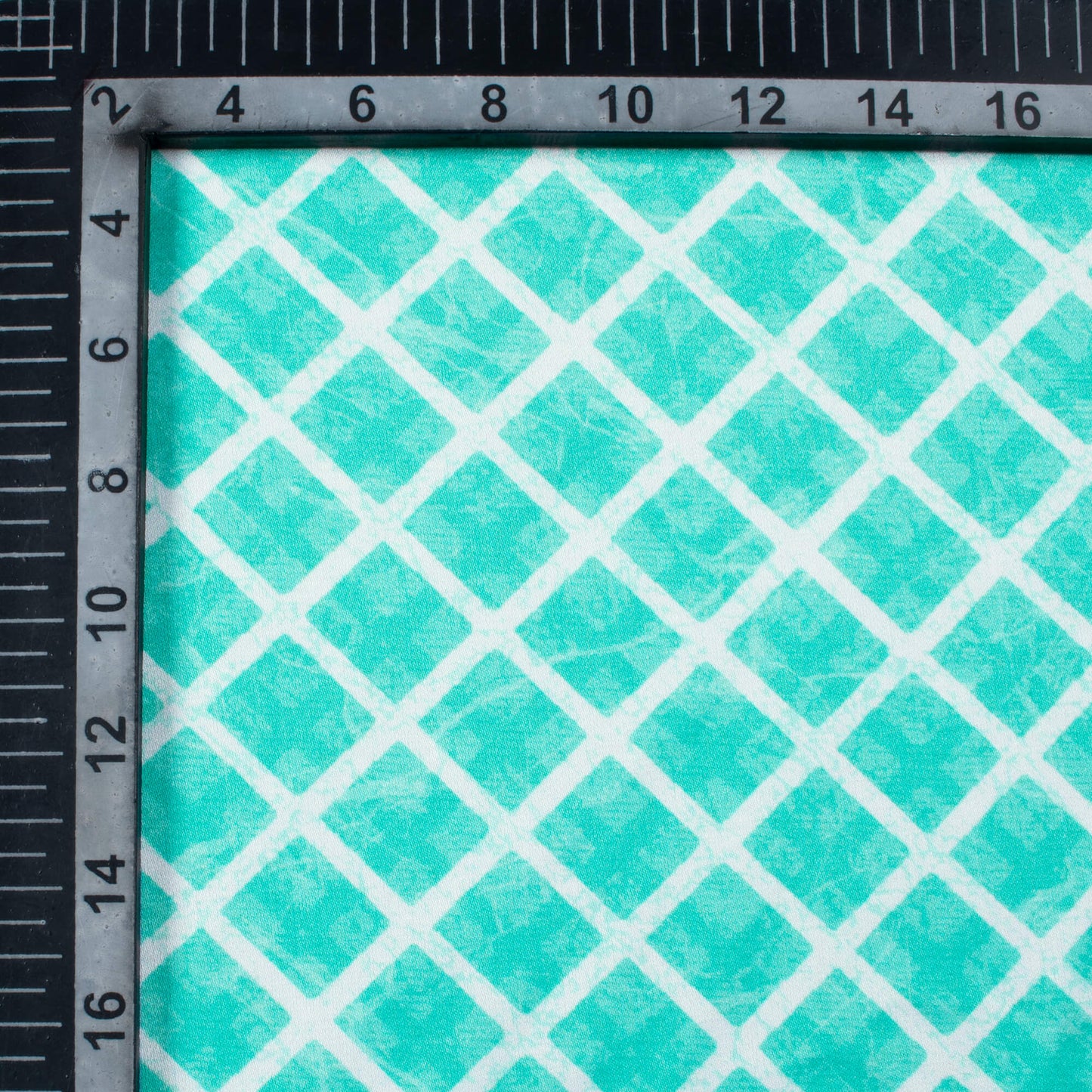 Turquoise And White Geometric Pattern Digital Print Premium Lush Satin Fabric