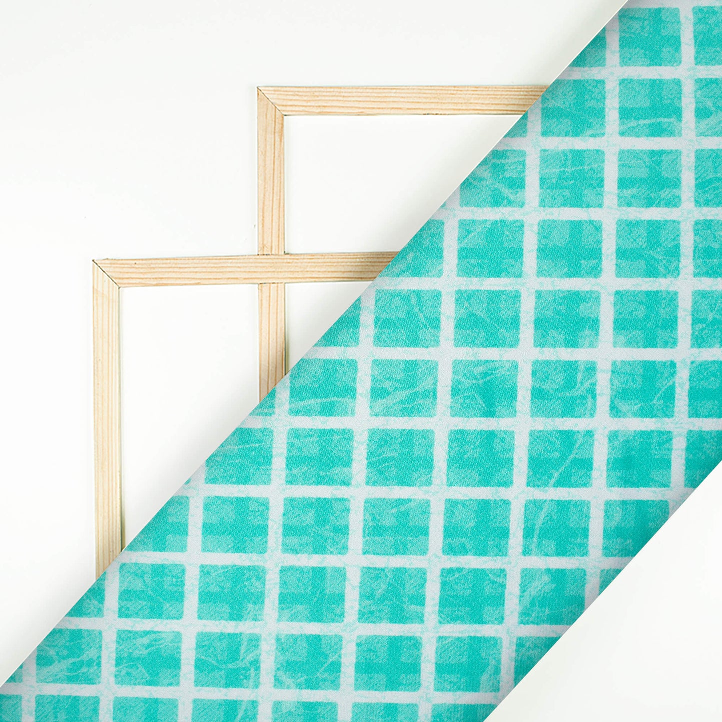 Turquoise And White Geometric Pattern Digital Print Premium Lush Satin Fabric