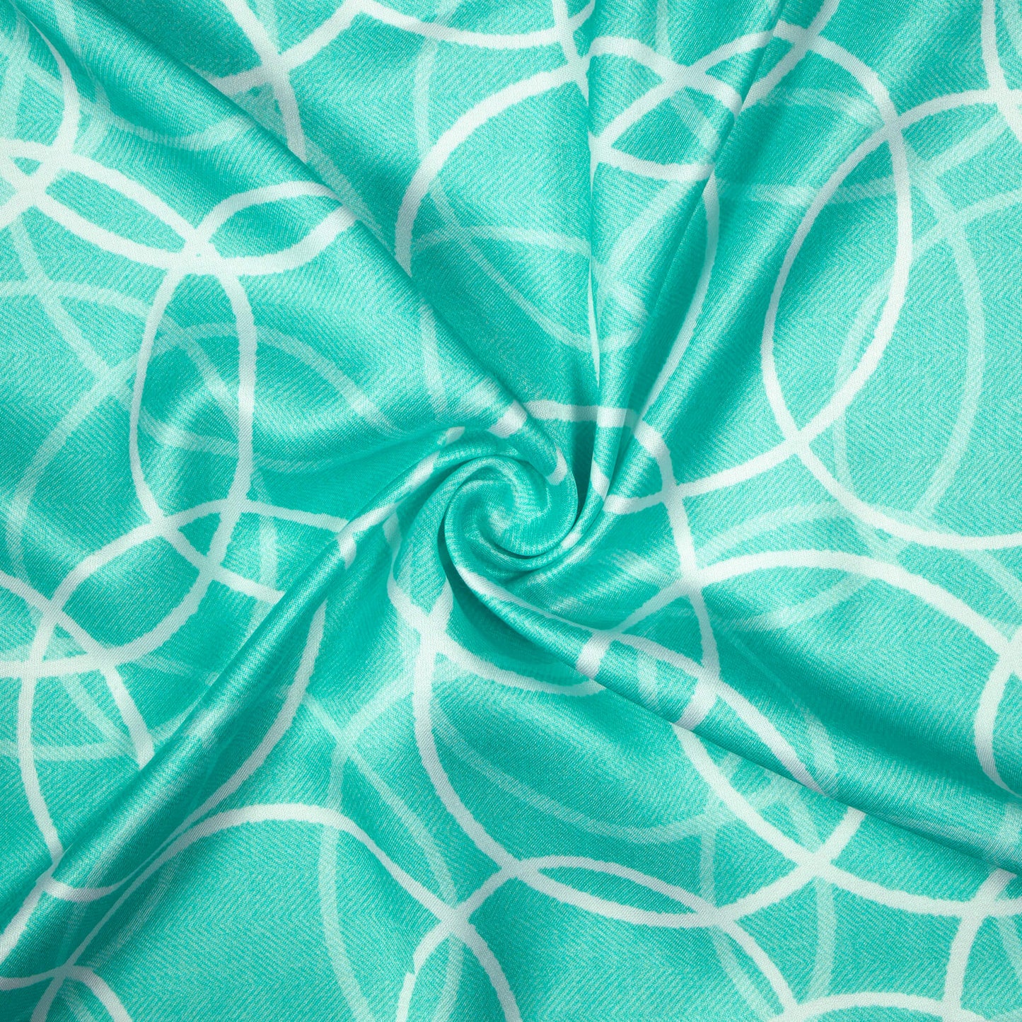 Turquoise And White Geometric Pattern Digital Print Premium Lush Satin Fabric