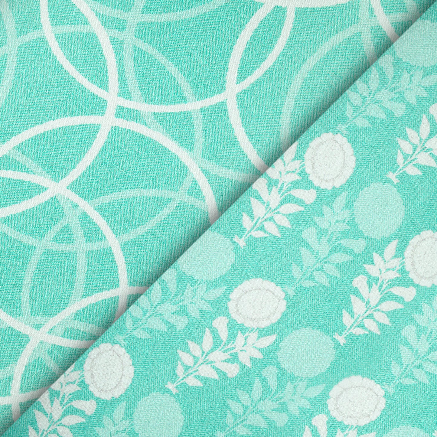 Turquoise And White Geometric Pattern Digital Print Premium Lush Satin Fabric