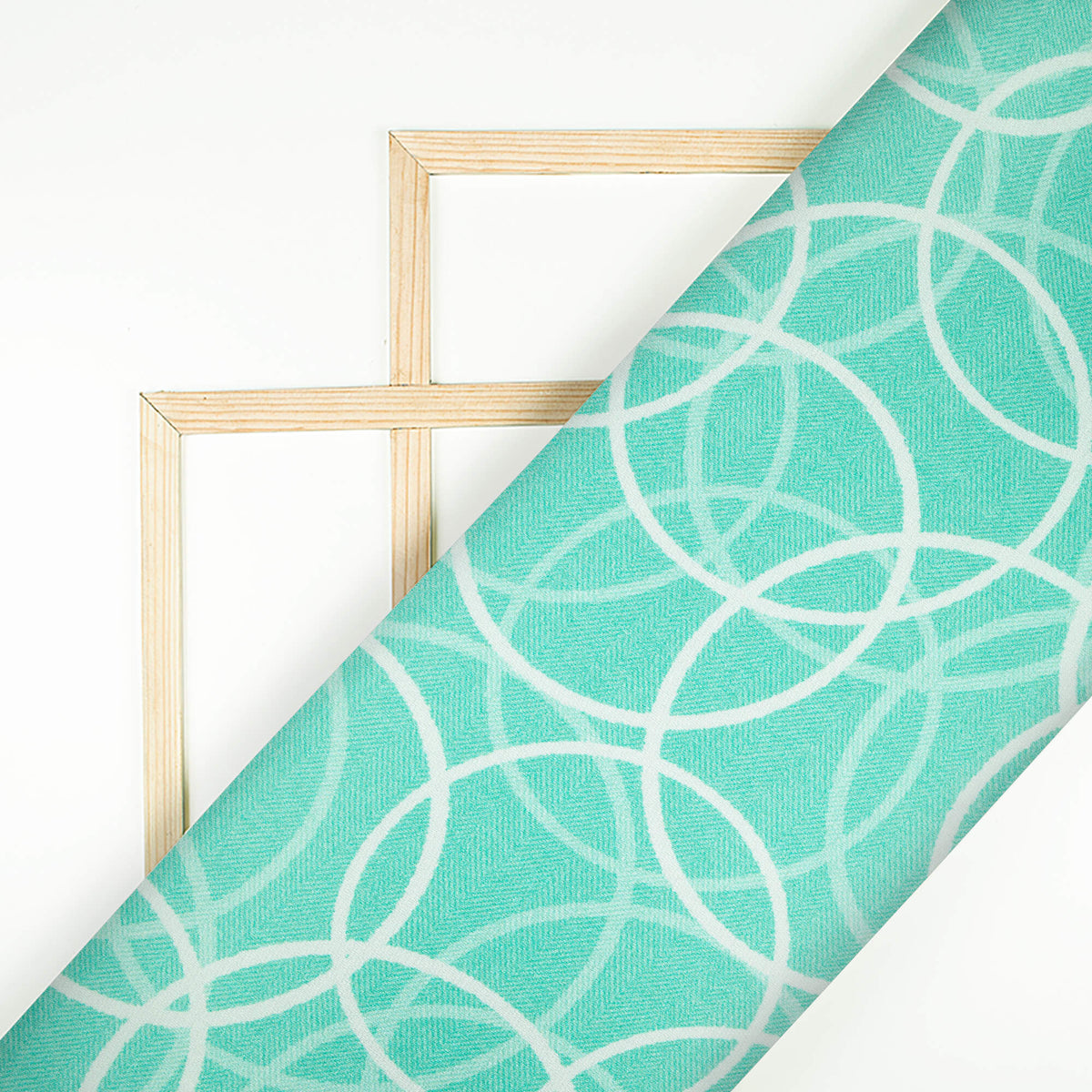 Turquoise And White Geometric Pattern Digital Print Premium Lush Satin Fabric