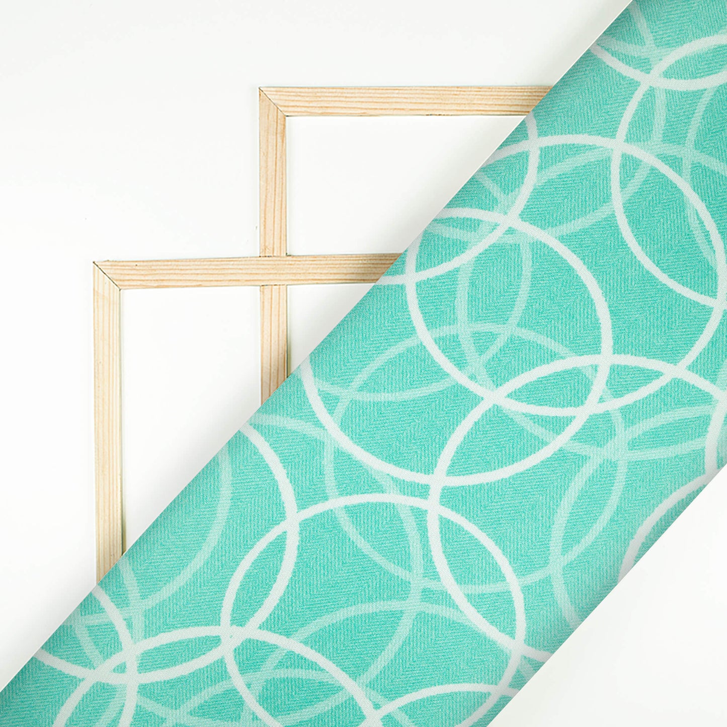 Turquoise And White Geometric Pattern Digital Print Premium Lush Satin Fabric