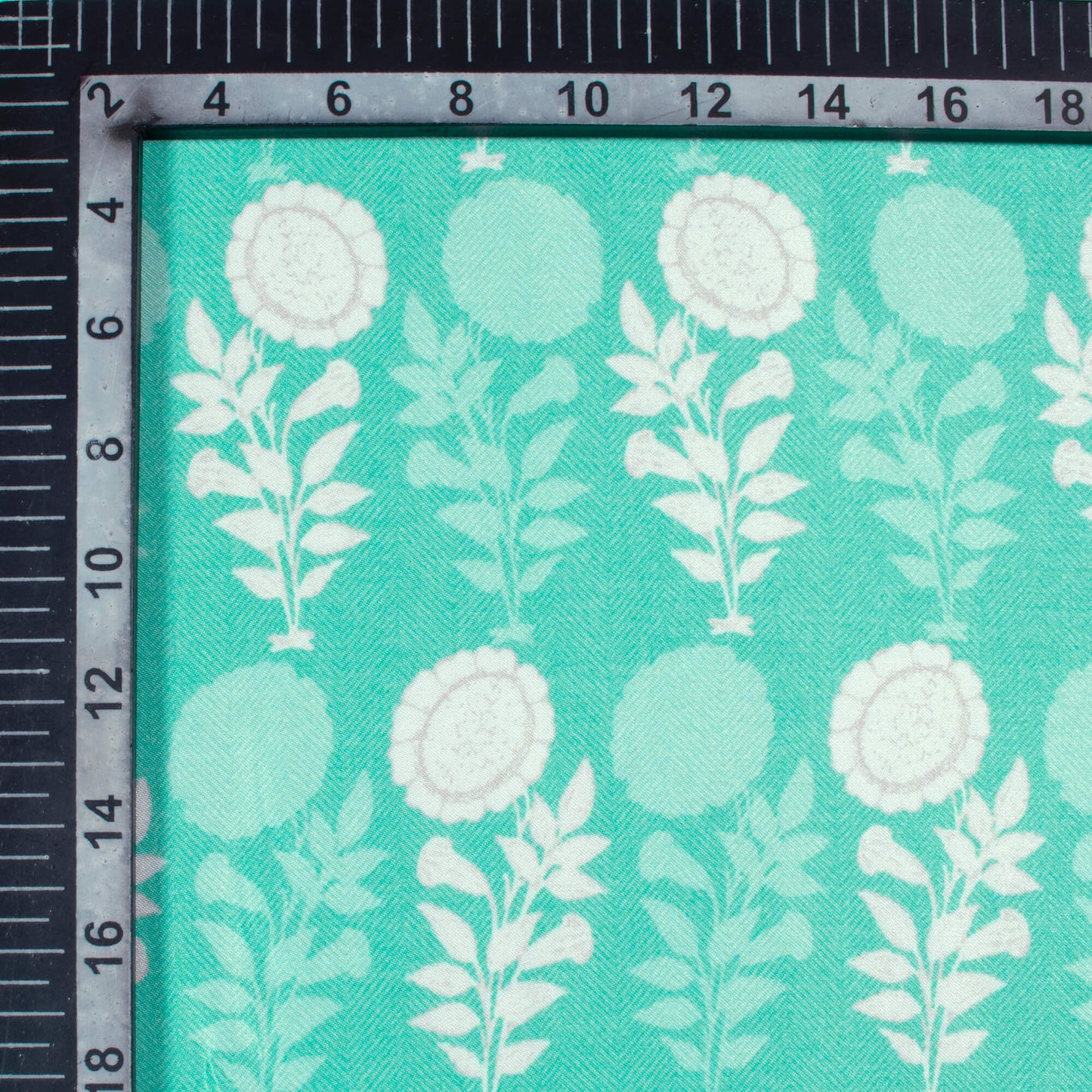 Turquoise And White Floral Pattern Digital Print Premium Lush Satin Fabric