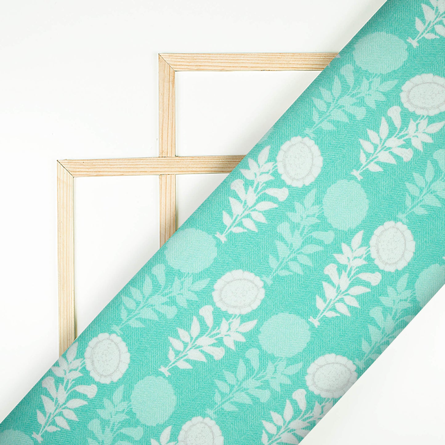 Turquoise And White Floral Pattern Digital Print Premium Lush Satin Fabric