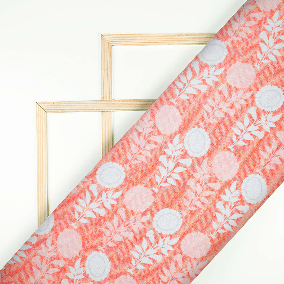 Salmon Pink And White Floral Pattern Digital Print Premium Lush Satin Fabric