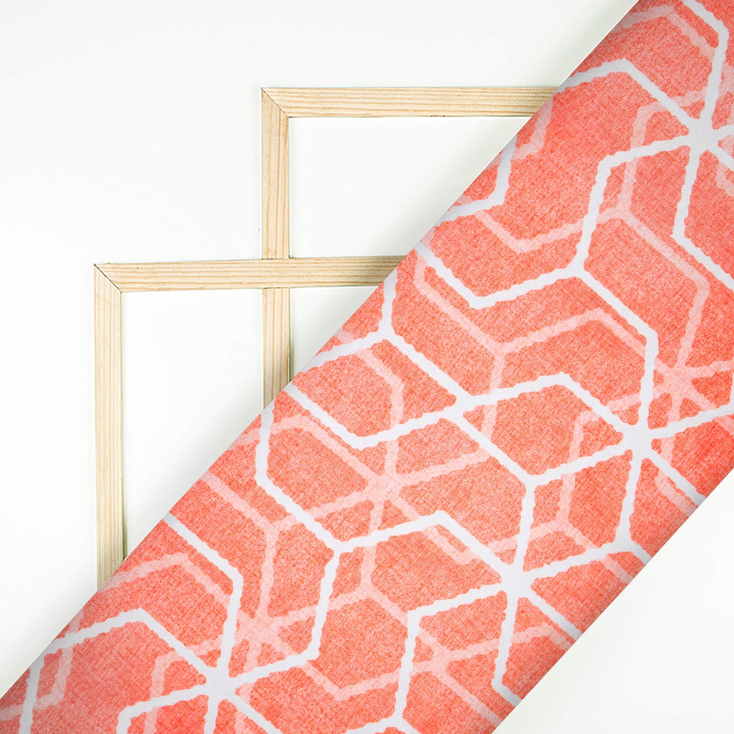 Coral Peach And White Geometric Pattern Digital Print Japan Satin Fabric
