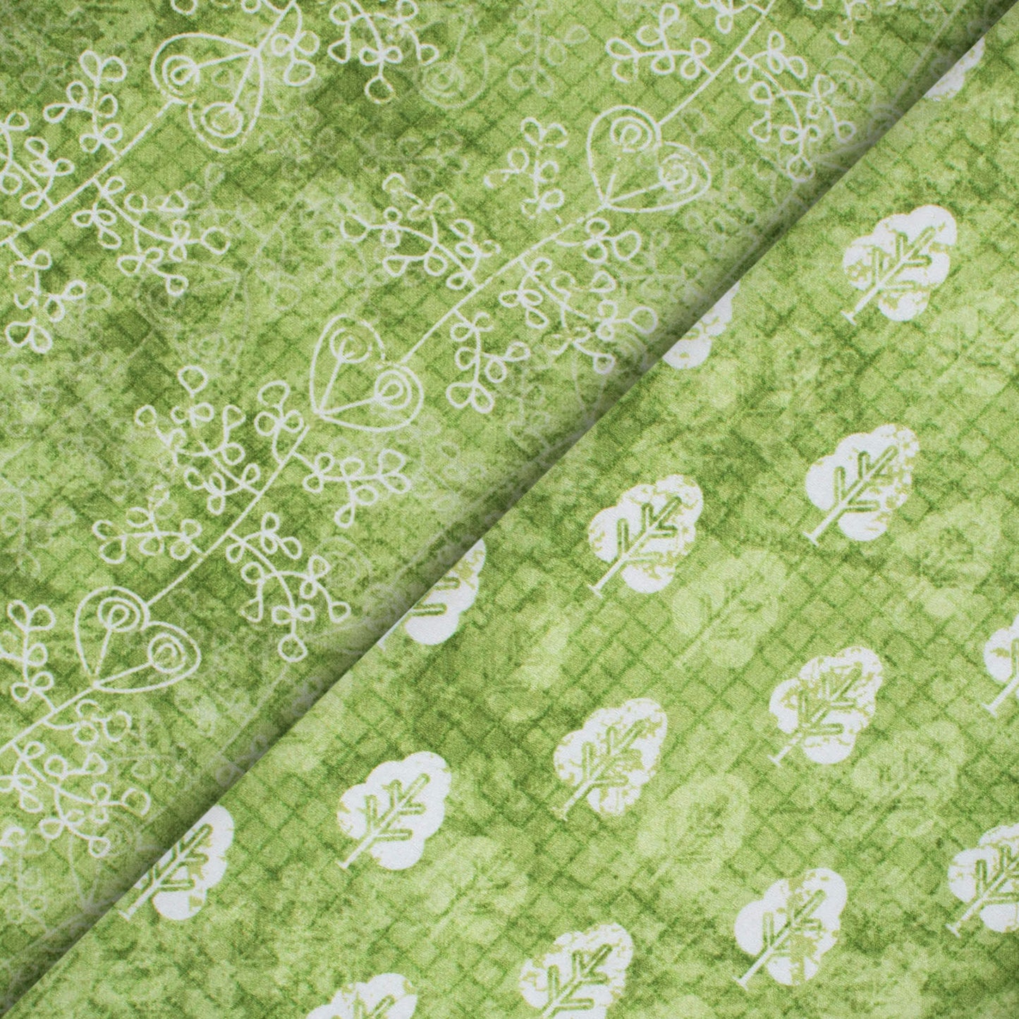 Fern Green And White Floral Pattern Digital Print Japan Satin Fabric