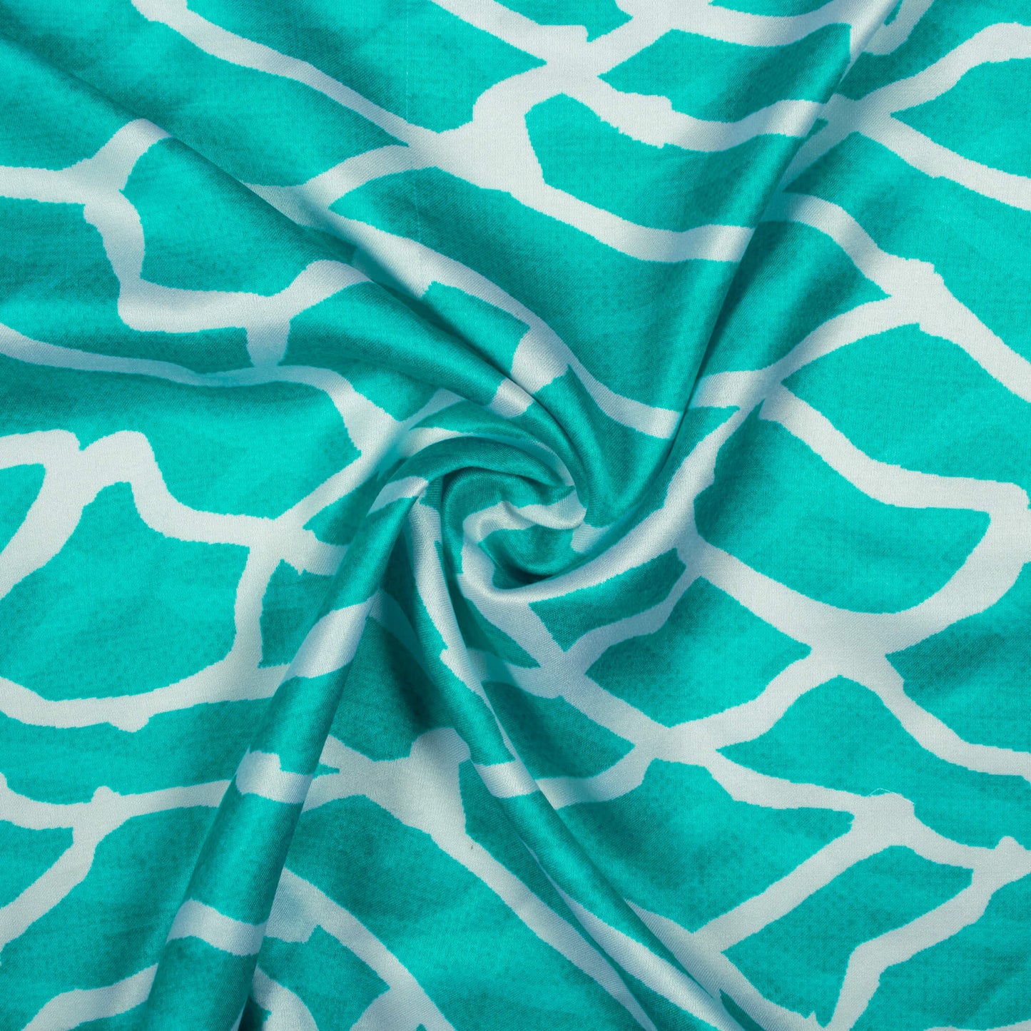 Sea Green And White Abstract Pattern Digital Print Japan Satin Fabric