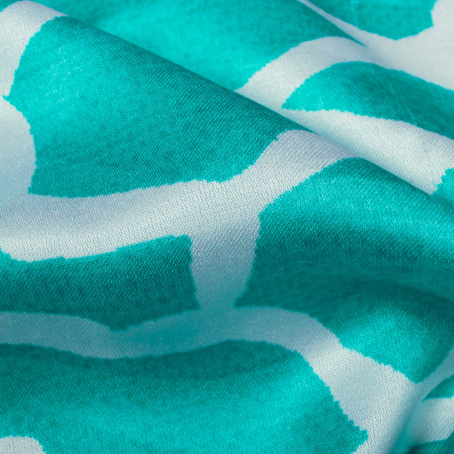 Sea Green And White Abstract Pattern Digital Print Japan Satin Fabric