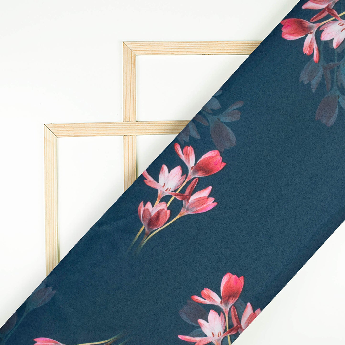 Midnight Blue And Deep Pink Floral Pattern Digital Print Charmeuse Satin Fabric (Width 58 Inches)