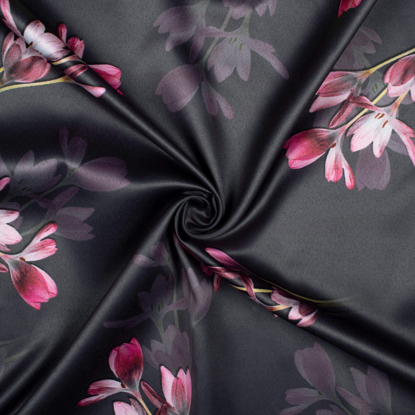 Black And Punch Pink Floral Pattern Digital Print Charmeuse Satin Fabric (Width 58 Inches)