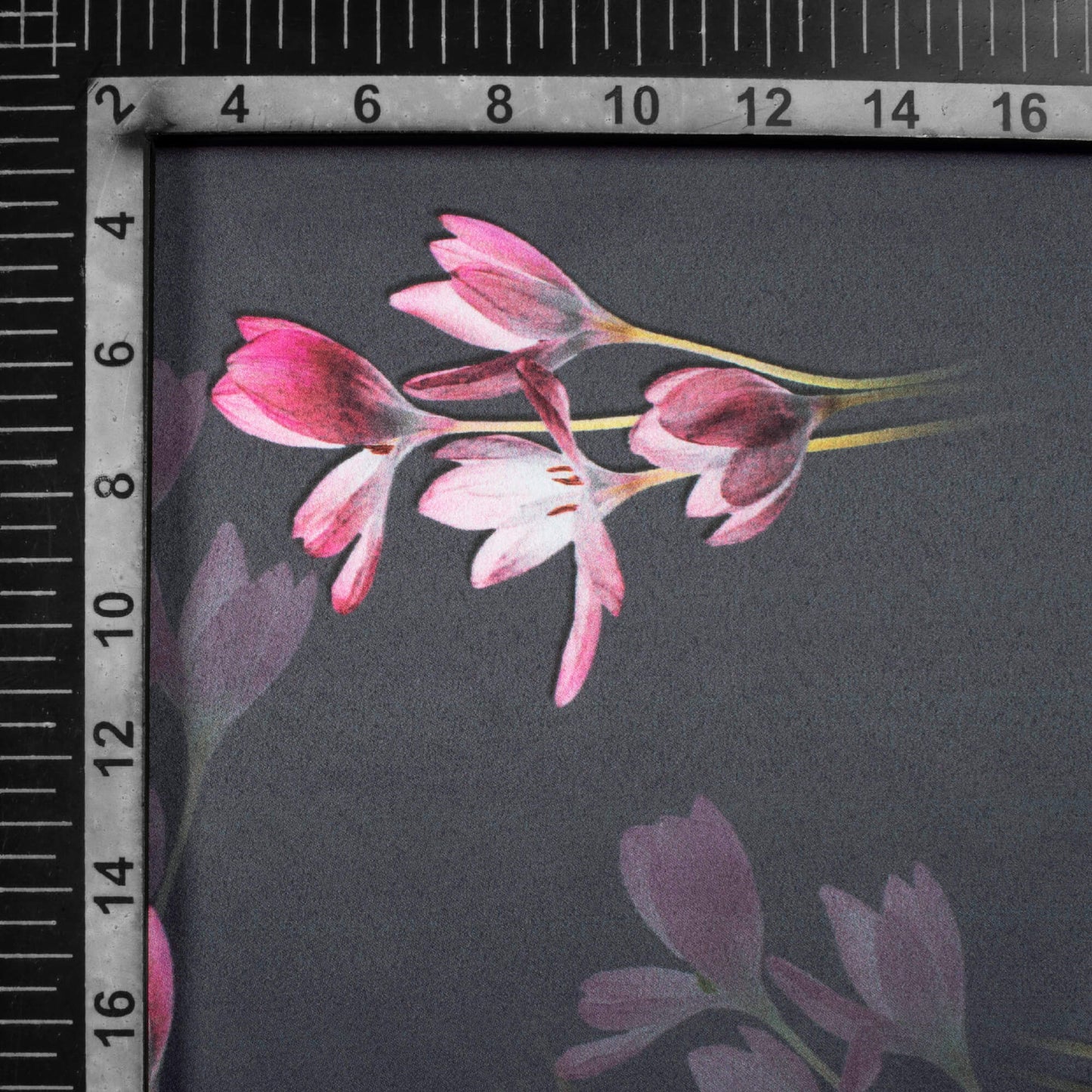 Black And Punch Pink Floral Pattern Digital Print Charmeuse Satin Fabric (Width 58 Inches)