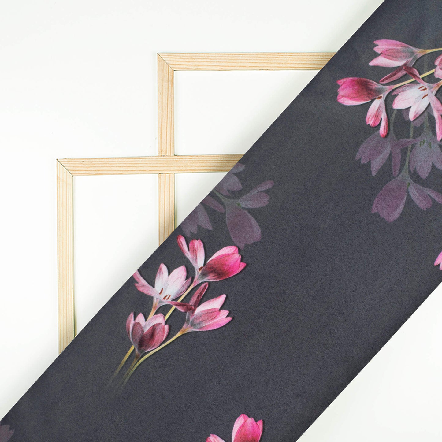 Black And Punch Pink Floral Pattern Digital Print Charmeuse Satin Fabric (Width 58 Inches)