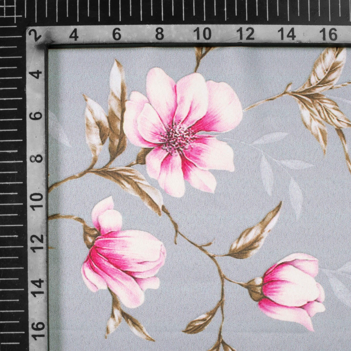 Dolphin Grey And Lemonde Pink floral Pattern Digital Print Charmeuse Satin Fabric (Width 58 Inches)