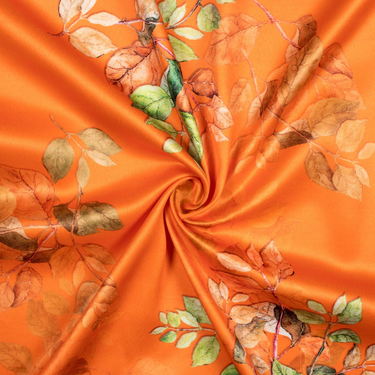 Royal Orange And Green Leaf Pattern Digital Print Charmeuse Satin Fabric (Width 58 Inches)