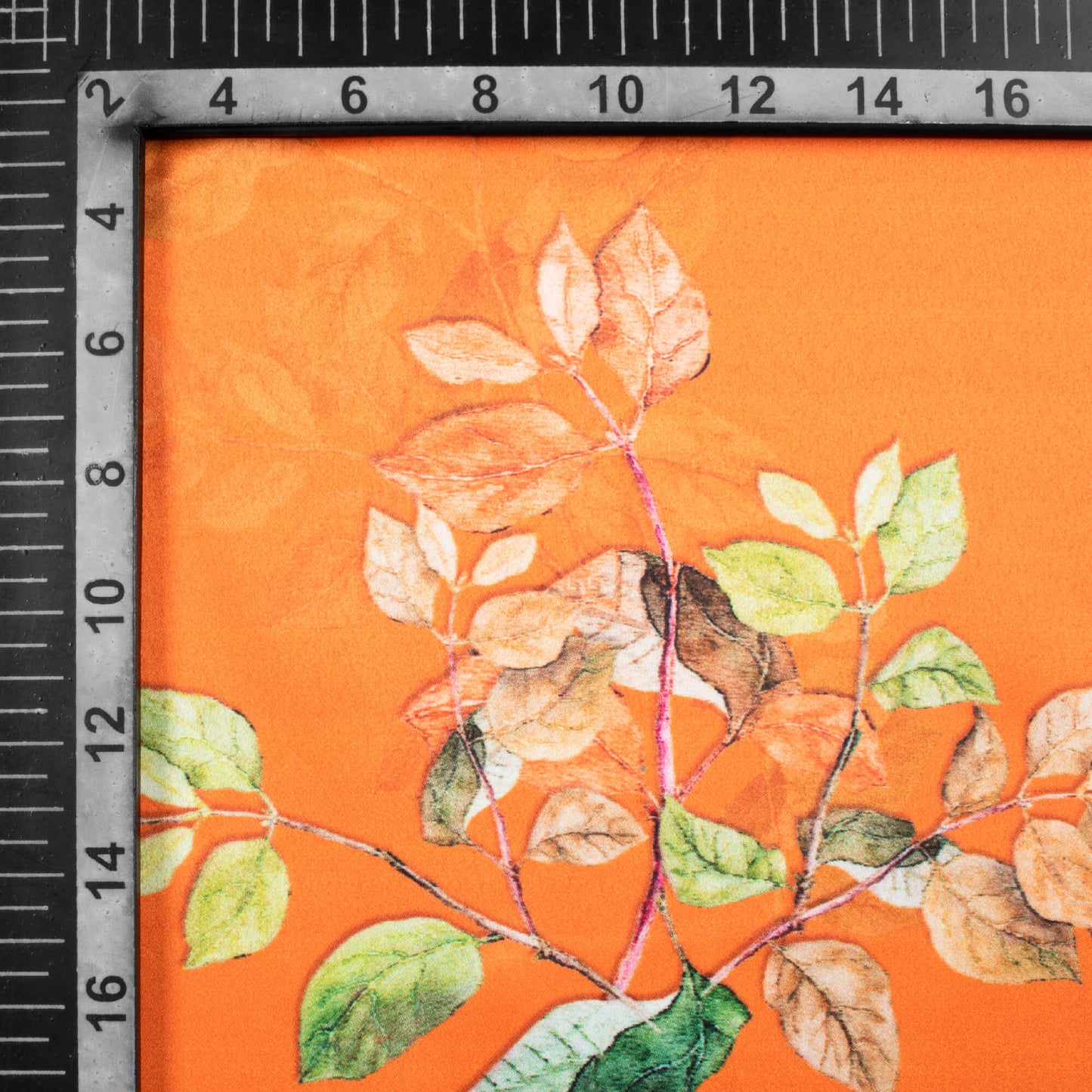 Royal Orange And Green Leaf Pattern Digital Print Charmeuse Satin Fabric (Width 58 Inches)